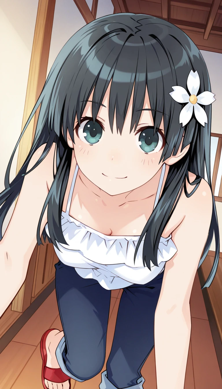 (masterpiece),best quality,amazing quality,very aesthetic,absurdres,newest,perfect body,shiny skin,perfect eyes,detail1eye,well-defined fingers,well-defined fingernails,anime style,indoors,1girl,solo,upper body,(portrait:1.5),looking at viewer,facing viewer,smile,blush,Tsunako style,Saten Ruiko,casual clothes no.1,long hair,black hair,hair ornament,hair flower,sidelocks,bangs,black eyes,bare shoulders,camisole,white shirt,frilled shirt,medium breasts,dark blue pants,capri pants,pants rolled up,sandals,red footwear,<lora:Tsunako[style]-Illus:1.4>,<lora:Saten Ruiko(omrg)-Illus:1.6>,