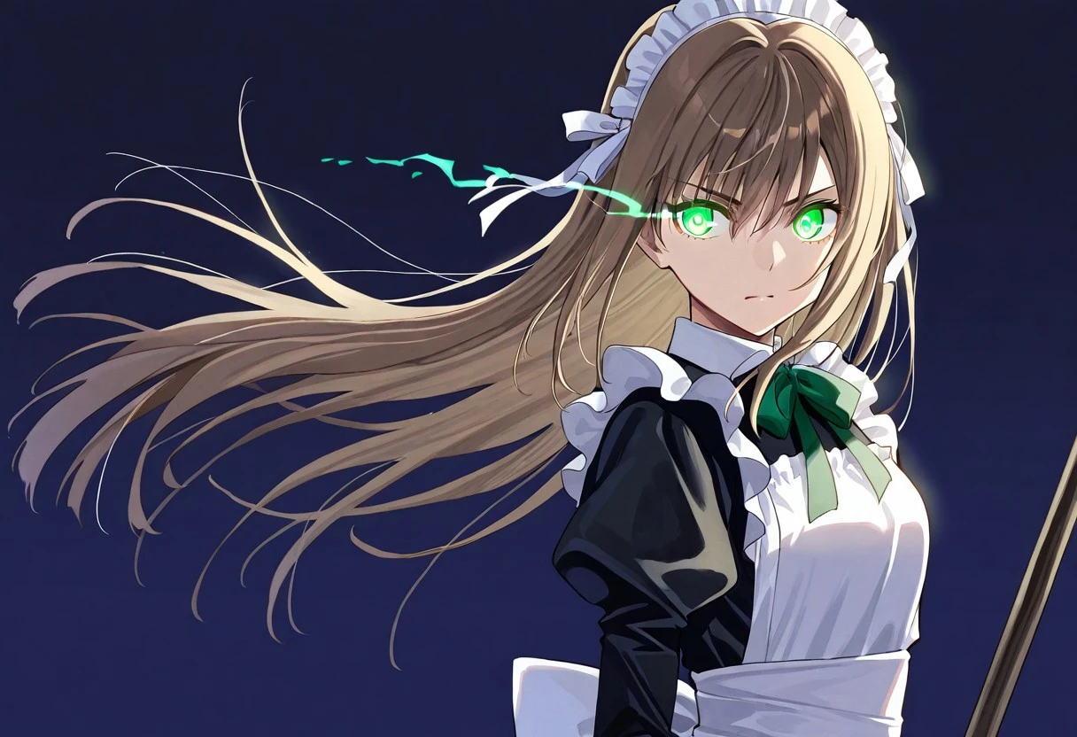 eye trail, 1girl, simple background, maid outfit, long hair hair, straight hair, hair ornament, looking to side, green eyes, glowing eyes, serious expression, holding kanana
