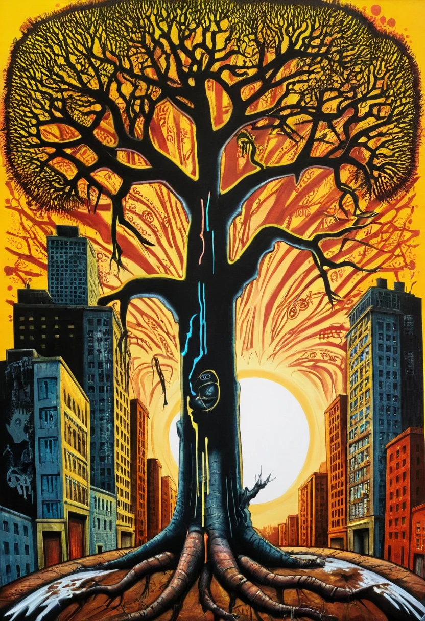 Expressionism - Concept art. A majestic tree with sprawling branches and roots, set against a cityscape at sunset. Close-up. Stylized with bold lines and dynamic brushstrokes. Expressive drips and splatters of spray paint. Rich textures of oil gouache blending with smooth acrylic. Warm golden light casting long shadows. Vivid polychromatic colors with high contrast. Ultra detailed, high quality, best of CGSociety. Urban jungle, stencil art, Jean-Michel Basquiat, Keith Haring, abstract expressionism, graffiti tags, streetwise, aerosol art ,<lora:PornMaster-Fantasy style-V1:0.7> <lora:spo_sdxl_10ep_4k-data_lora_webui:0.7>