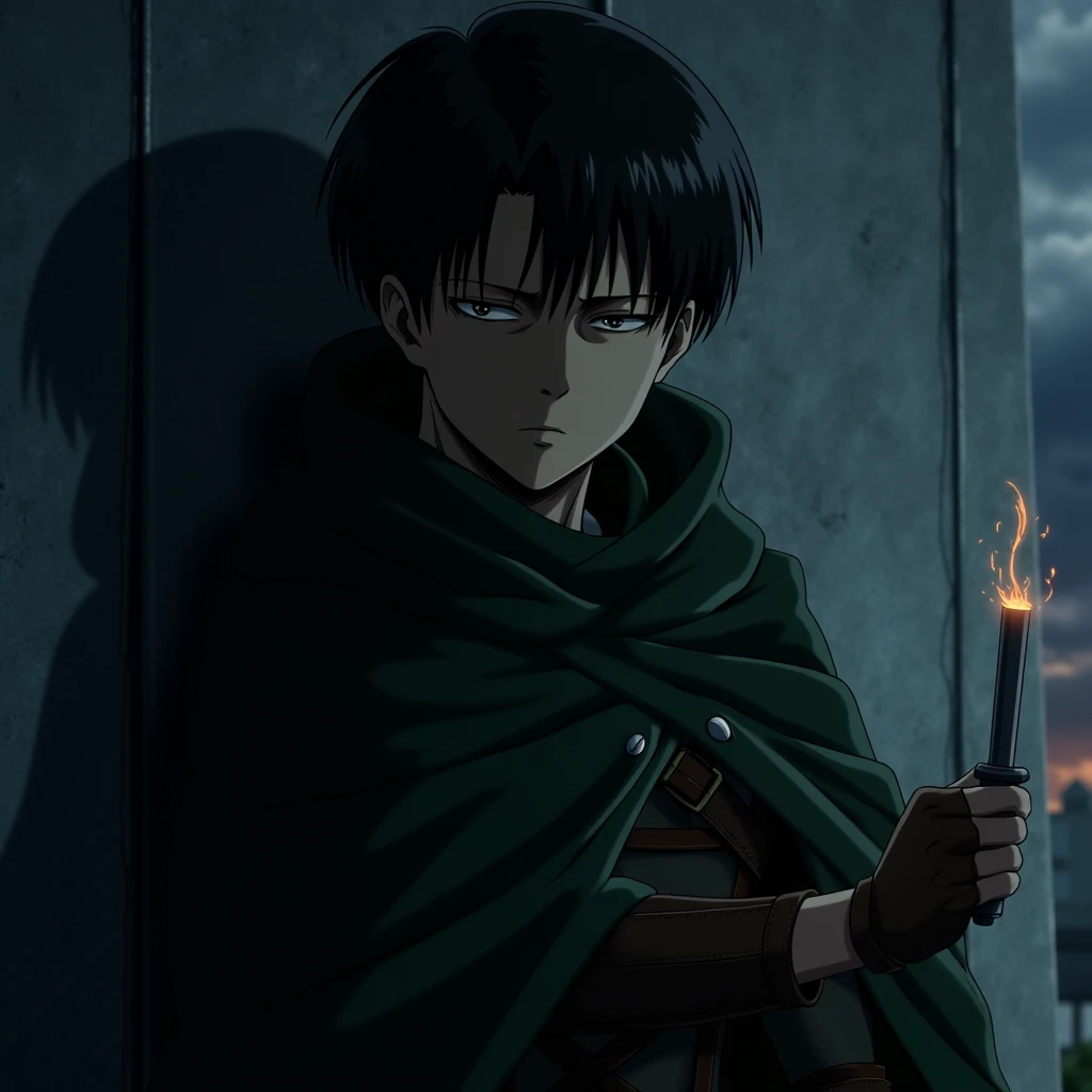 leviwiro, A cinematic anime scene of a lone warrior leaning against a cold metal wall, half his face covered in shadows. His sharp, emotionless eyes seem to pierce through the viewer, and the faint glow of a distant fire reflects in them. His dark green cloak is slightly torn, showing the rough textures of battle. In his gloved hand, he holds a small knife, spinning it absentmindedly as if waiting for an enemy to appear.