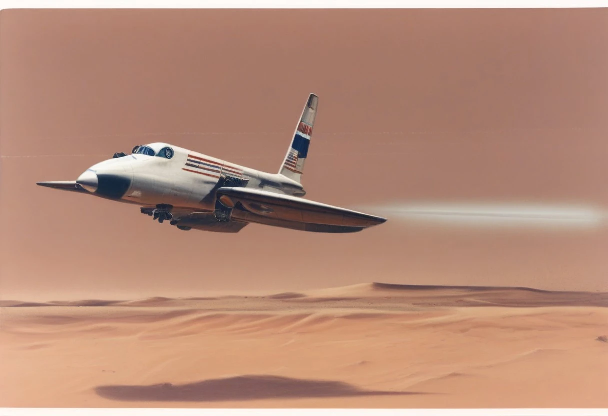 american_spacecraft, Space_Art, a small space ship in the desert, weapon, military, no humans, flying, aircraft, airplane, vehicle focus, desert
