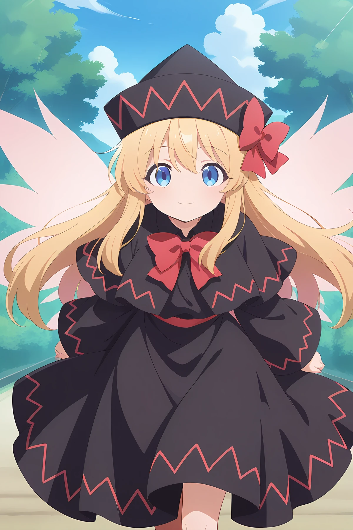 absurdres, highres, masterpiece, best quality, amazing quality, official anime artwork, screencap, anime screencap, outdoors, looking at viewer, light smile, dynamic pose,
<lora:Lily-White_Illustrious:1> lily white, 1girl, solo, blue eyes, blonde hair, long hair, fairy wings,, black dress, black hat, bow, wide sleeves,
