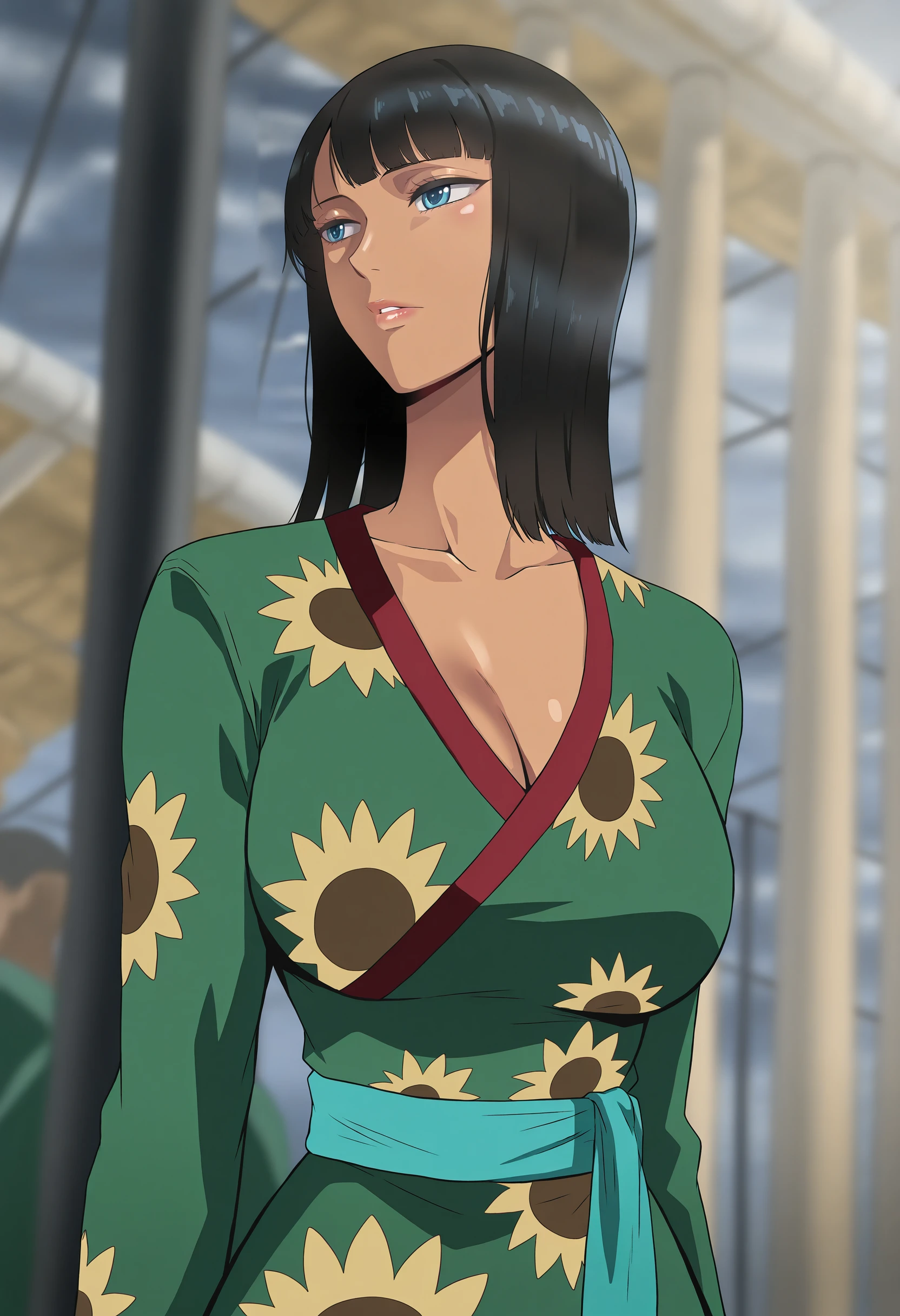 masterpiece, best quality, amazing quality, very aesthetic, absurdres, newest, scenery, best quality, 1girl, solo, mature female, anime coloring, looking away,in rome,
<lora:NicoRobinPreTimeskipPart2_Illu_Dwnsty:1>, bossluffy, blue eyes, black hair, medium hair, blunt bangs, dark-skinned female, green kimono, multicolored kimono, red trim, patterned clothing, sunflower print, long sleeves, print, blue sash, green sash,
breasts, detailed eyes, detailed body, detailed lips,
artist:hara (harayutaka):0.08, artist:donburi(donburikazoku)0.34, artist:hews:0.4, artist:fei(maidoll):0.18,