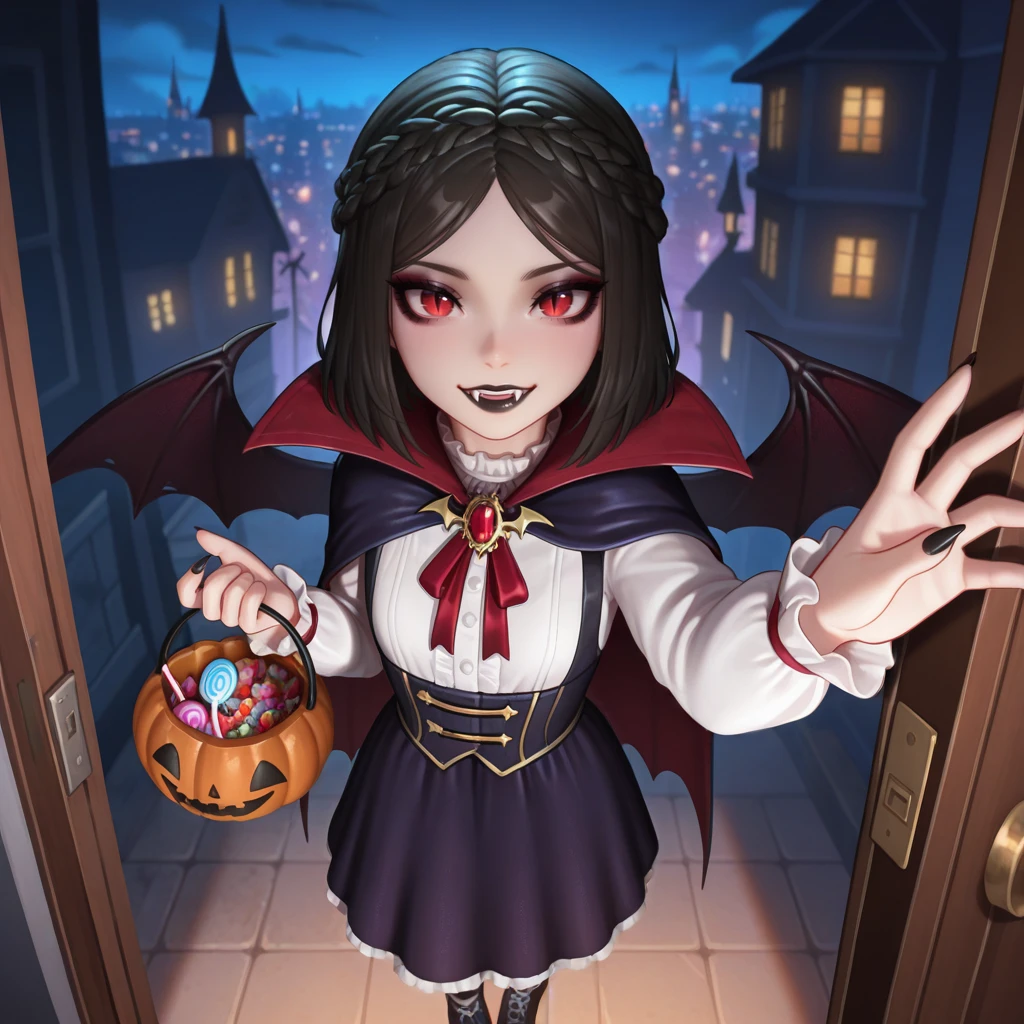 masterpiece,best quality,absurdres,highres,<lora:NS1:1>,
from above,pov doorway,open door,arm at side,holding,halloween bucket,outstretched hand, candy,aged down,trick or treat,
1girl,solo,ccserana,double crown braid,black hair,medium hair,red eyes,mascara,slit pupils,black lips,vampire costume,bat wings,small breasts,black nails,sharp fingernails,
cityscape,night,night sky,halloween,scenery,detailed background,