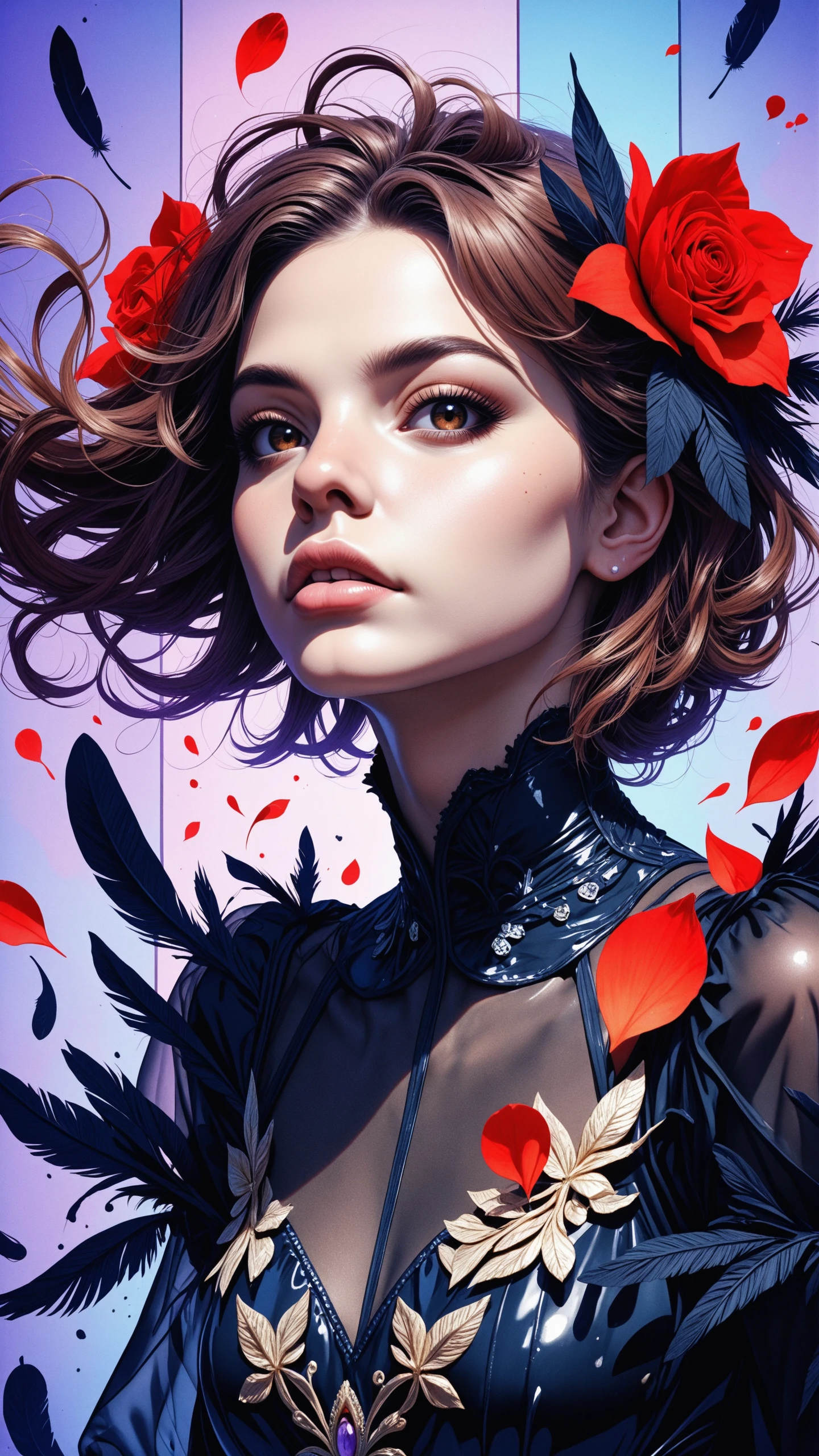 fwfm frame, red Flowers, gold Petals, gold Flower Petals Drips <lora:fwfm3:0.8>,
1girl, face, portrait, looking at viewer,
masterpiece,best quality,amazing quality,very aesthetic,absurdres,newest,detailed eyes,
realistic body,
brown eyes, rosebrown hair, haute couture, black blouse, covered with blue black feathers haute couture,long sleeves, transparent sleeves, latex leggings,
face focus, upper body view, dynamic angle,
(one giant square in background:1.4), abstract background, minimalistic composition, purple background details, floating hair, futuristic print in background, neon colors,
dark, light from one side, dark shadow,
dynamic motion, squatting