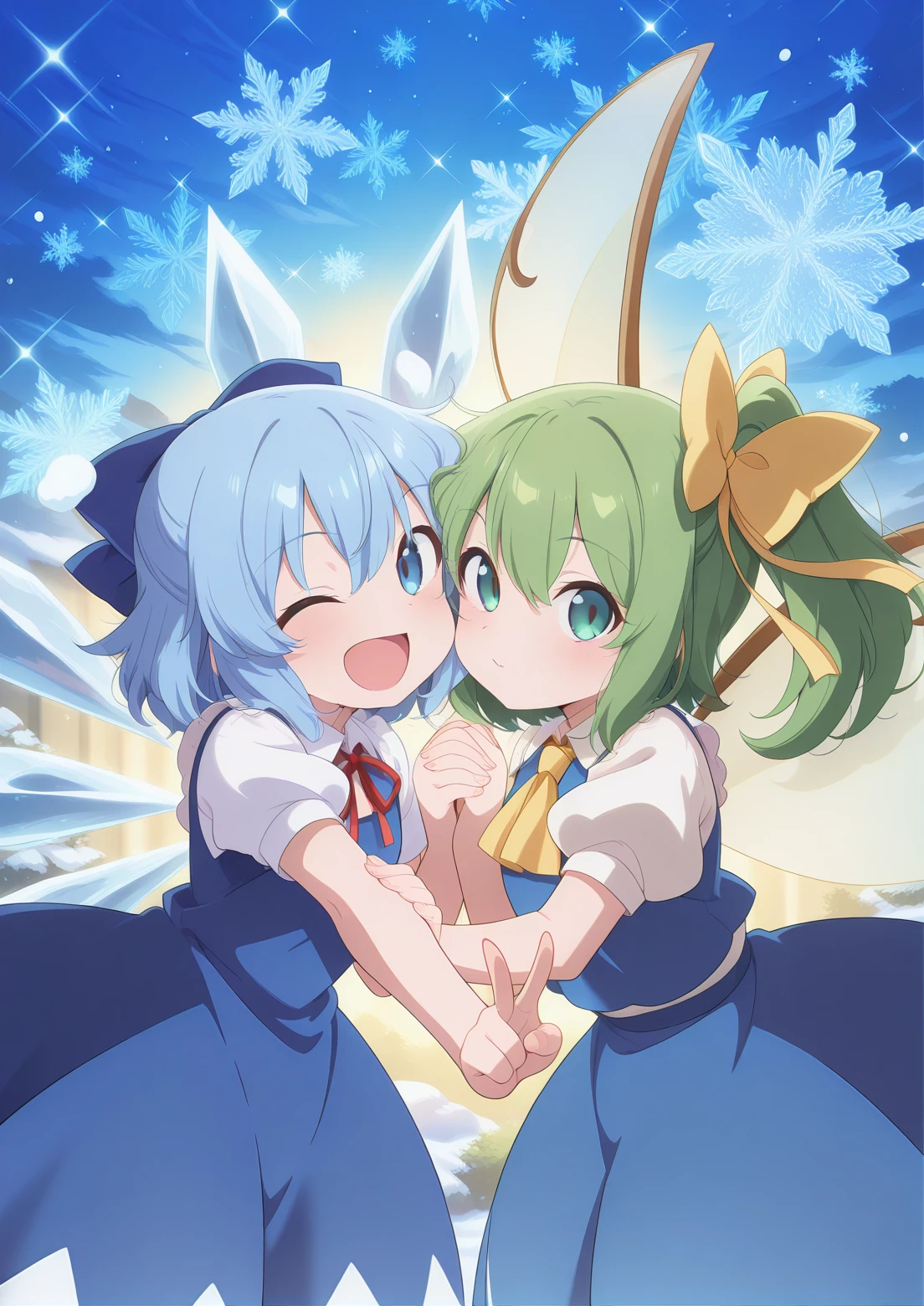 absurdres, highres, masterpiece, best quality, amazing quality, official anime artwork, screencap, anime screencap, outdoors, open mouth, dynamic pose,
<lora:Daiyousei_Illustrious:1> daiyousei, 1girl, solo, green hair, green eyes, hair bow, side ponytail, fairy wings,, hair ribbon, ascot, skirt, dress, puffy short sleeves, white shirt,
snow, looking at viewer, smile, joint hand together, holding another's arm,
<lora:Cirno_Illustrious:1> cirno, 1girl, solo, blue eyes, blue hair, short hair, ice wings, ice,, bow, hair bow, dress, blue dress, short sleeves, blue bow, puffy sleeves, red ribbon,