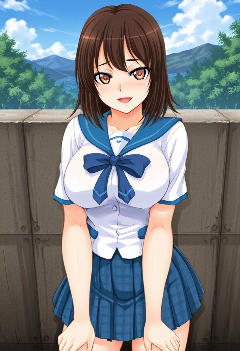 Best quality,masterpiece,soft light,official art,masterpiece,high quality,highres,absurdres,best quality,epic scene,natural textures,easynegative, Erotic_style,eye shape,hair and skin color,light source,
cowboy shot, outdoors, 1girl,solo,smile,noon,open mouth,looking at viewer,
Yukina,brown_hair, short_hair, large_breasts, brown eyes,school uniform,