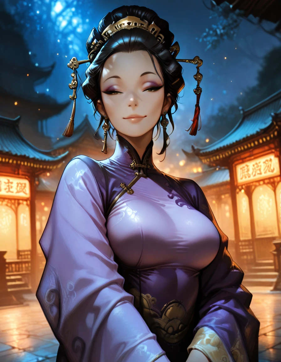 masterpiece, best quality, 1girl, solo, absurdres,
KokachinDG,
large breasts,
black hair,brown eyes, earrings, hair ornament, makeup, eyeshadow, hair bun, hair stick, crown,
chinese clothes, long sleeves,purple kimono, wide sleeves, dress,
dutch angle , smile, half-closed eyes ,
night, , Dancing with one arm raised,
east asian architecture, outdoors,
glowing, dim_lighting, light particles, neon lights,
blurry background,
embedding:SmoothQuality,