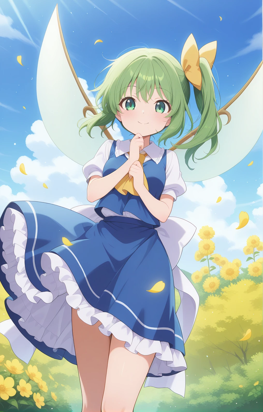 absurdres, highres, masterpiece, best quality, amazing quality, official anime artwork, screencap, anime screencap, outdoors, dynamic pose,
<lora:Daiyousei_Illustrious:1> daiyousei, 1girl, solo, green hair, green eyes, hair bow, side ponytail, fairy wings,, hair ribbon, ascot, skirt, dress, puffy short sleeves, white shirt,
looking at viewer, smile, petals, flower, wind, floating hair, light particles, day,