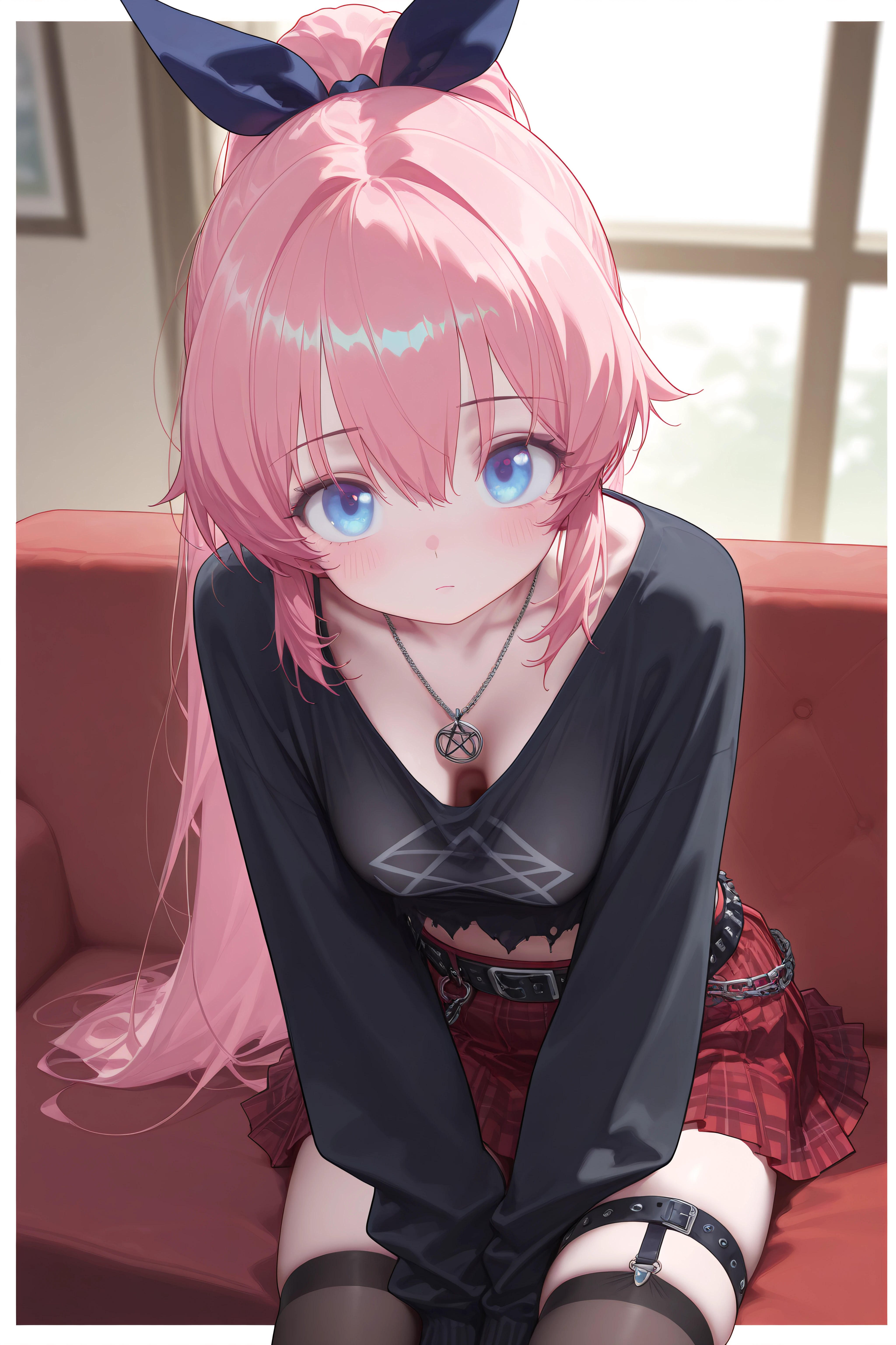masterpiece, best quality, High quality, top quality, absurdres, safe_pos, Very awa, hyper details, beautiful details, Gorgeous, good Aesthetic, beautiful illustration, beautiful appearance, messy Semi Realistic Hentai Style,HD, Ultra detailed, ultra detailed hair,intricate hair detail, sharp colours, intricate detailed body, ultra detailed body, extremely squishy skin, fair skin, pure skin, soft skin, matte skin, ultra detail, beautiful detail, 4k, highres, high resolution,realistic shading,detailed shading,intricate shading, beautiful detailed eyes, patterned iris,gorgeous perfect eyes,patterned eyes,fine lines,contrasting colours, contrast,cross hatch shading, cowboy shot, UHD, awesome,pureerosface_v1 easynegative, [:(detailed face:1.2):0.2], Looking at viewer,


Emo girl, goth girl, (2000s style anime hair), (retro style hair),ponytail, pink hair, random hair style, cute, large eyes, Carless expression, blush, pale skin, black torn crop top, long sleeve, sleeve over hands, pentagram necklace, short pleated plaid red skirt, leg warmers socks, thigh highs, garters, thigh strap, bracelets, studded belt, hanging clothes, hanging belts, chains, hair ribbon, hair ornaments, frill trims, on sofa, window, wall cladding, blurry background, large breast, saggy breast, hanging breast, drooping breast, petite,
