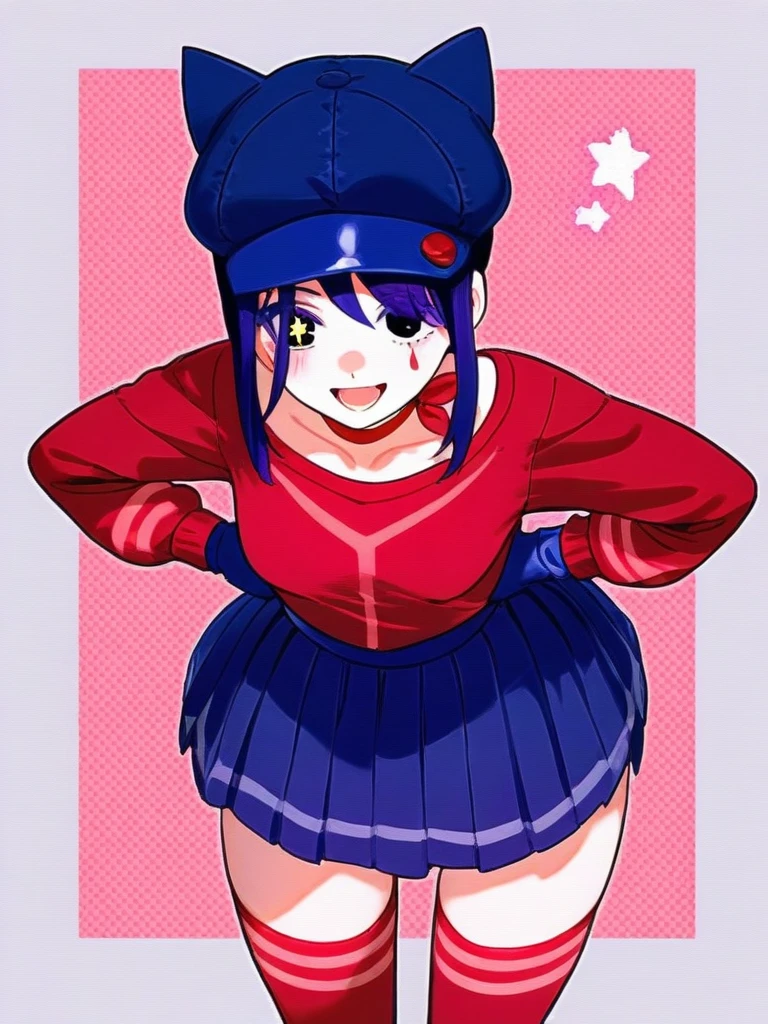 masterpiece,best quality,very aesthetic,highres,<lora:hatmita_ill:1>,hatmita, 1girl, solo, from above, looking at viewer, blush, smile, open mouth, star in eye, medium breasts, thighs, teardrop tattoo, collarbone, red thighhighs, blue gloves, blue skirt, red shirt, cabbie hat, long sleeves, red choker, teardrop facial mark, glitch, blue hat