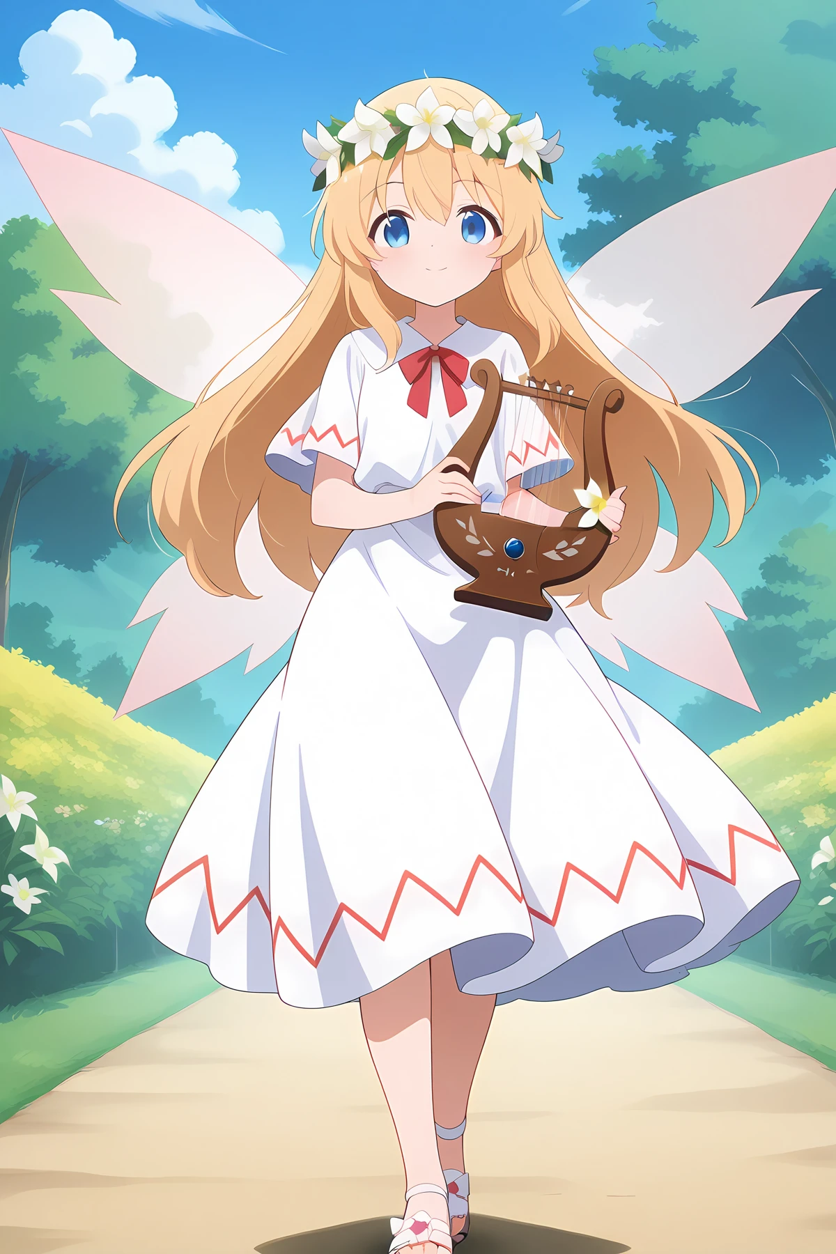 absurdres, highres, masterpiece, best quality, amazing quality, official anime artwork, screencap, anime screencap, outdoors, looking at viewer, light smile, dynamic pose,
<lora:Lily-White_Illustrious:1> lily white, 1girl, solo, blue eyes, blonde hair, long hair, fairy wings,, lily white \(white lily blooming in spring\), alternate costume, sandals, white dress, ancient greek clothes, white cloth, himation, peplos, see-trough himation, flower wreath, gold trims, lyre, olifant (instrument),
