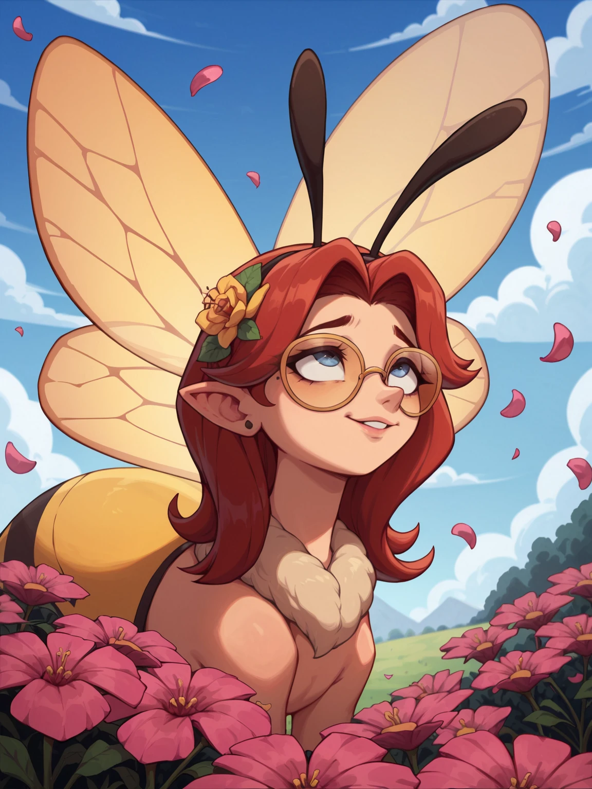 score_9, score_8_up, score_7_up, A drowsy honeybee with a fuzzy, golden-brown body and translucent wings that glimmer in shades of iridescent blue and green, its tiny legs and antennae relaxed as it clings to a vibrant, oversized flower petal that floats amidst a swirling cloud of colors in a sky of imagination, where hues of crimson, amber, and violet blend and merge in soft, feathery brushstrokes, as if painted by an invisible hand, the colors deepening to rich turquoise and emerald towards the horizon, where the silhouette of a fantastical, dreamlike landscape unfolds, with rolling hills, towering spires, and glittering, crystalline formations that shimmer and glow with an ethereal light, the honeybee's gentle hum harmonizing with the soft, whispery rustle of the flower petal as it drifts lazily through the kaleidoscopic sky.