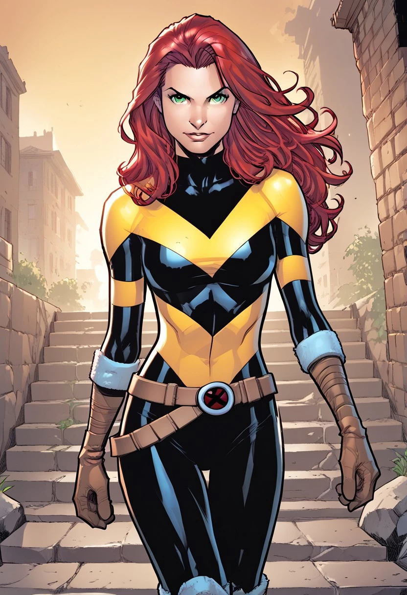 score_9, score_8_up, score_7_up, score_6_up, masterpiece, best quality, <lora:Hope_Summers_-_MarvelX-Men_Pony:1> hopesummers, long hair, red hair, green eyes,bodysuit, belt, gloves , zPDXL3, zPDXLxxx, walking, stairs, knee boots, cowboy shot,looking at viewer