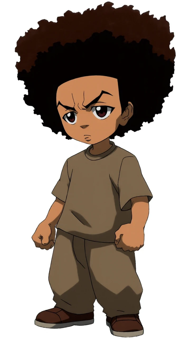 Hu3y, Huey Freeman from The Boondocks. Small dark skinner boy with an afro hair style. Baggy clothing, staring at the camera with clenched fists.