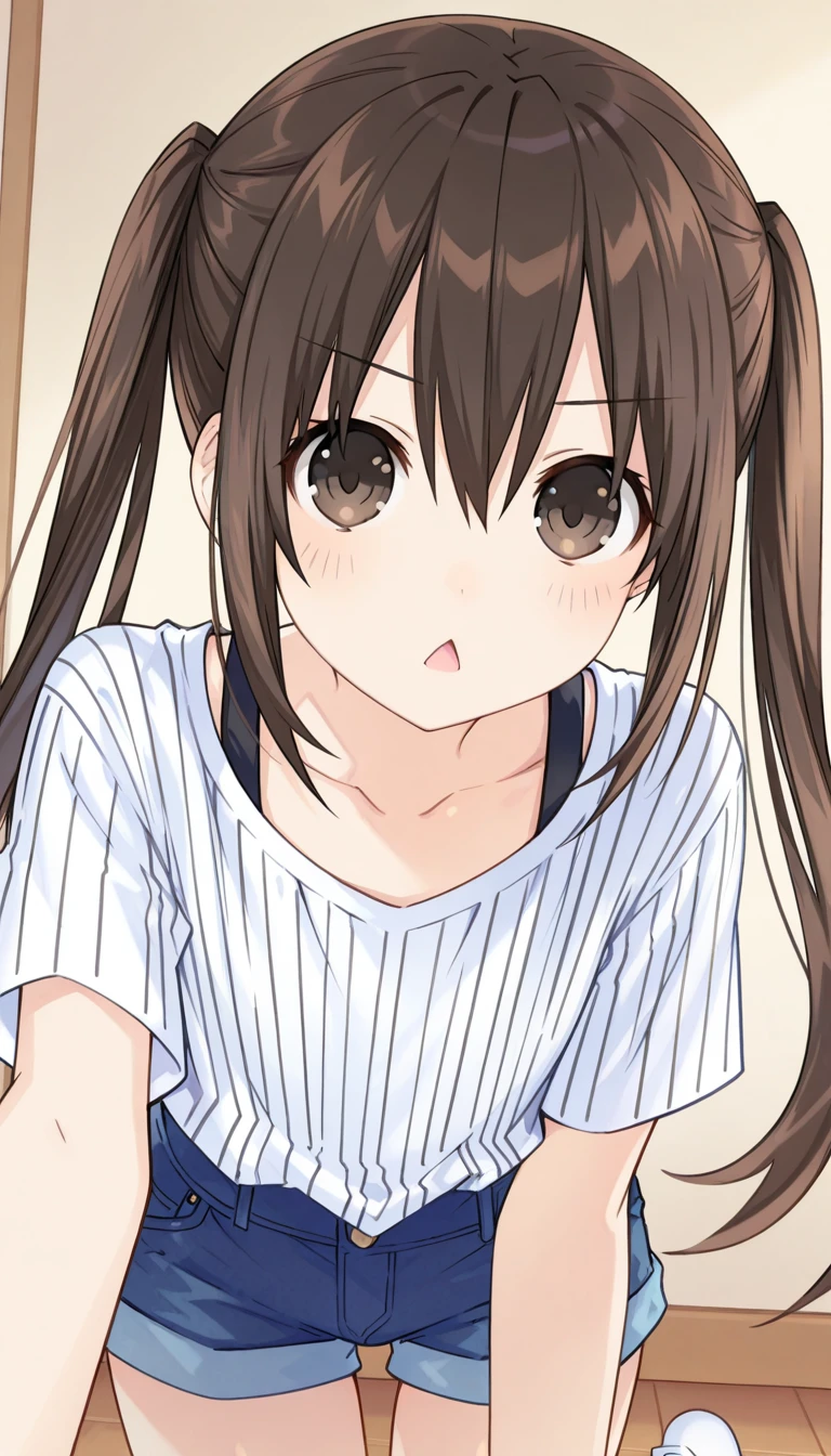 (masterpiece),best quality,amazing quality,very aesthetic,absurdres,newest,perfect body,shiny skin,perfect eyes,detail1eye,well-defined fingers,well-defined fingernails,anime style,indoors,1girl,solo,upper body,(portrait:1.5),looking at viewer,facing viewer,smile,blush,Tsunako style,Minami Kana,long hair,brown hair,twintails,hair between eyes,bangs,brown eyes,triangle mouth,collarbone,pinstripe shirt,white shirt,denim shorts,short shorts,white socks,<lora:Tsunako[style]-Illus:1.4>,<lora:Minami Kana(m-k)-Illus:1.6>,