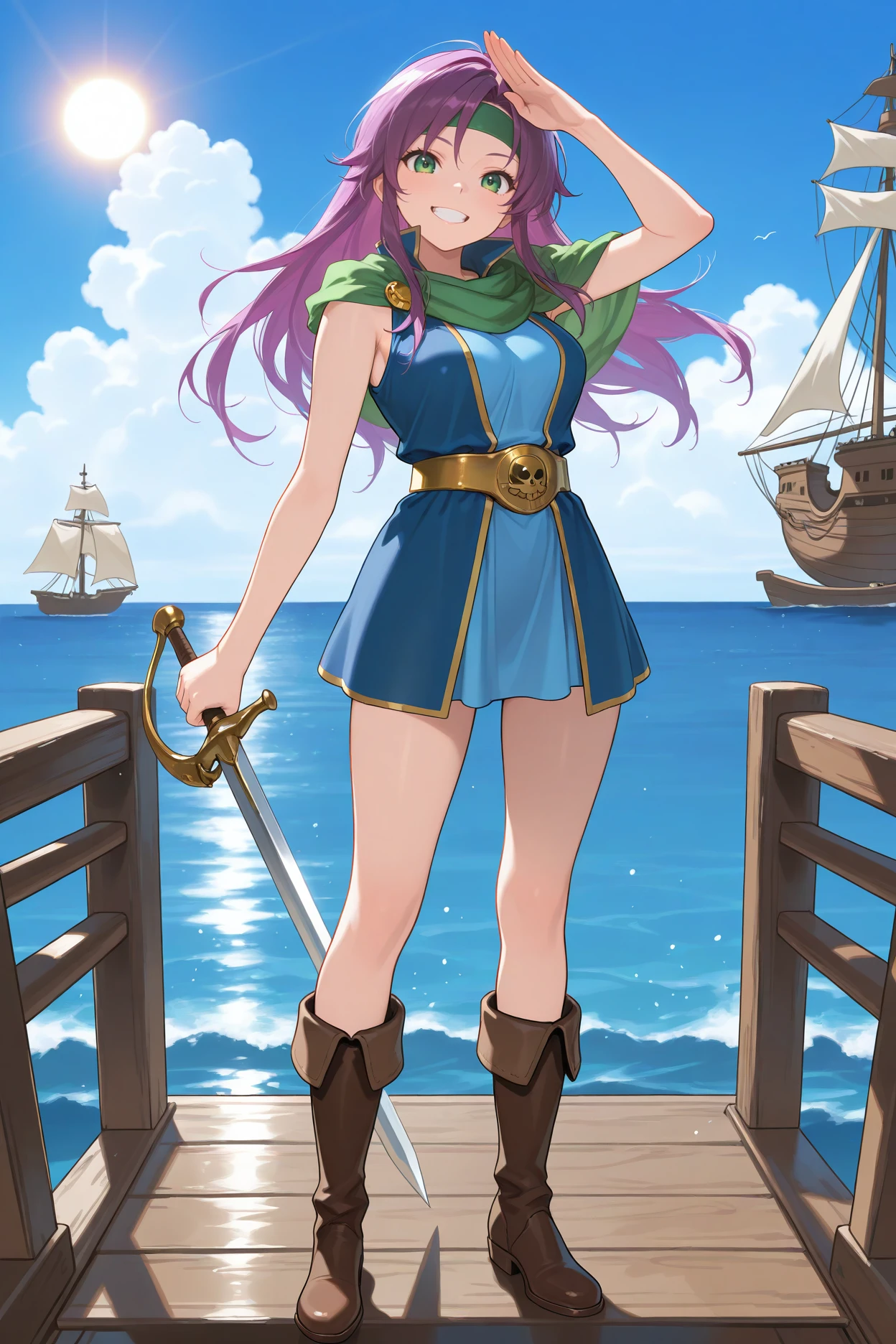 masterpiece, best quality, 1girl, solo <lora:fffaris-illu-nvwls-v1-000006:1> frssch, purple hair, long hair, green eyes, green headband, green shawl, green scarf, blue tunic, sleeveless, gold belt, brown boots, open mouth, happy, docks, pirate ship, ocean, blue sky, clouds, sun, breasts, standing, full body, grin, salute, looking at viewer, holding sword