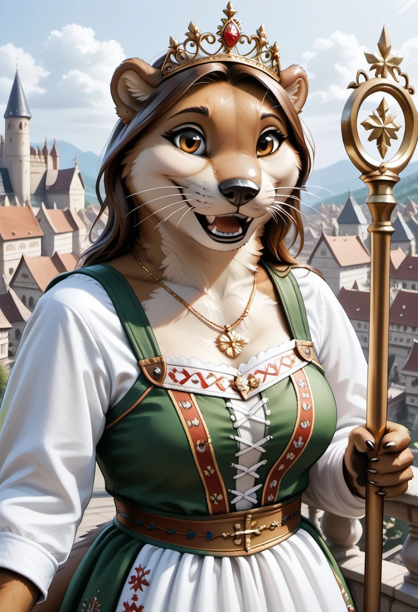 anthro, female otter, voluptuous figure, tufted fur, tufted ears, cheast tuft, otter tail, detailed fur, open smile, long brown hair, brown fur, brown eyes, otter teeth, medieval castle, solo, whiskers, medium breasts, seductive look, balcony, overview, medieval city, bunad, norwegian bunad, norwegian folklore dress, norwegian folklore costume, golden tiara, golden necklace, holding golden staff,