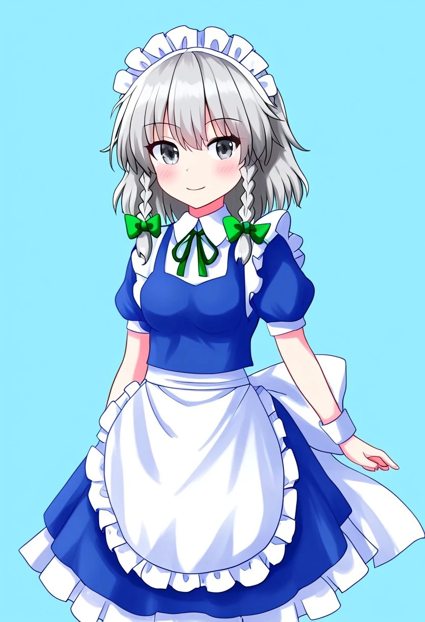 fusu style, 145, blue background, 1girl, solo, looking at viewer, ((izayoi sakuya)), standing, posing, smile, closed mouth, (grey hair), (short hair), (grey eyes), maid headdress, twin braids, hair bow, white apron, waist apron, green bow, blue dress, puffy short sleeves, white shirt, maid apron, frilled apron