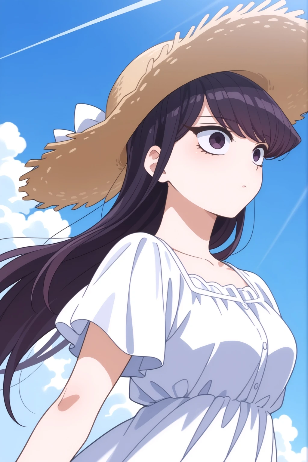 <lora:Shouko_Komi:0.8> Shouko Komi, solo, long hair, black hair, dress, hat, white dress, sun hat, wide-eyed, straw hat,