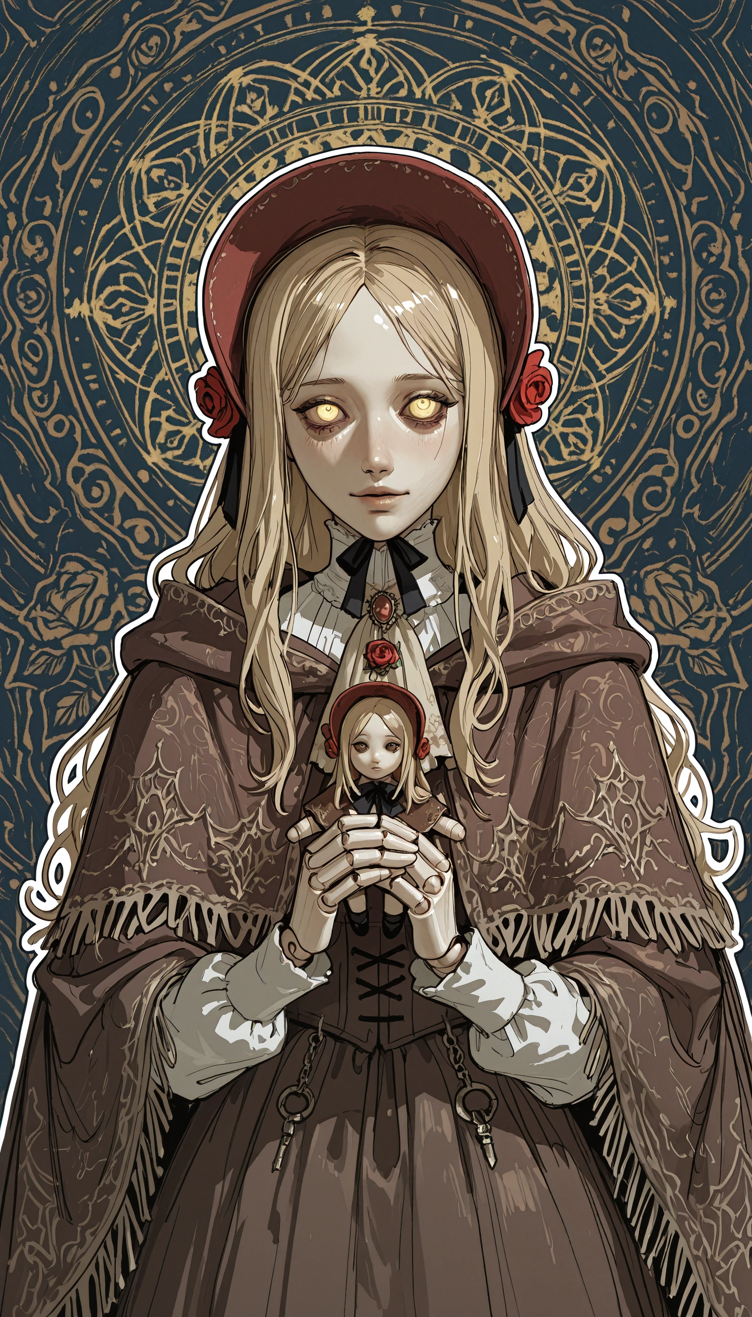 (JJ-Illu, sketch, splash_page, abstract_background, abstract_colors, guide_lines, bad_quality, outline, traditional_media, horror_\(theme\))
bloodborne plain_doll 1girl 2024 artist_name ascot blonde_hair bonnet brown_bonnet brown_cloak cloak dated doll doll_joints dress flower glowing glowing_eyes hat hat_flower horror_(theme) jewelry joints long_hair looking_at_viewer rose solo white_eyes