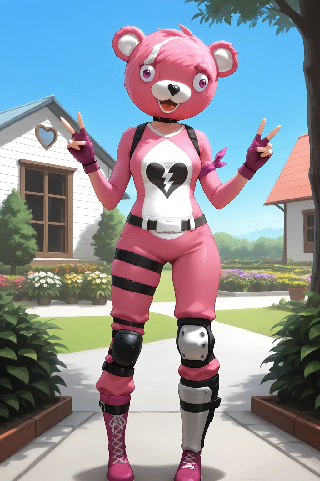 masterpiece, good quality, best quality, very awa, very as2, absurdres, highres,
<lora:Cuddle team leaderFortnite illuLoRA:1> cuddlebear, bear head, animal ears, costume, long sleeves, shoulder holster, armband, fingerless gloves, heart (symbol), belt, thight strap, single knee ped, single shin guard, pink boots, double V, old house, garden, butterflies, blue sky