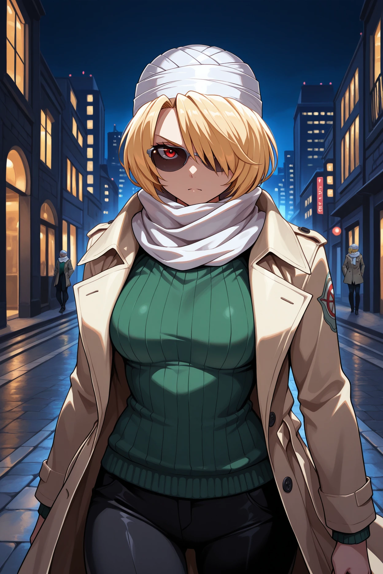 masterpiece, best quality, 1girl, solo, <lora:sheik-illu-nvwls-v1-000006:1> ootshk, blonde hair, hair over one eye, red eyes, turban, trenchcoat, white scarf, green sweater, black pants, alleyway, night, city, sunglasses, serious