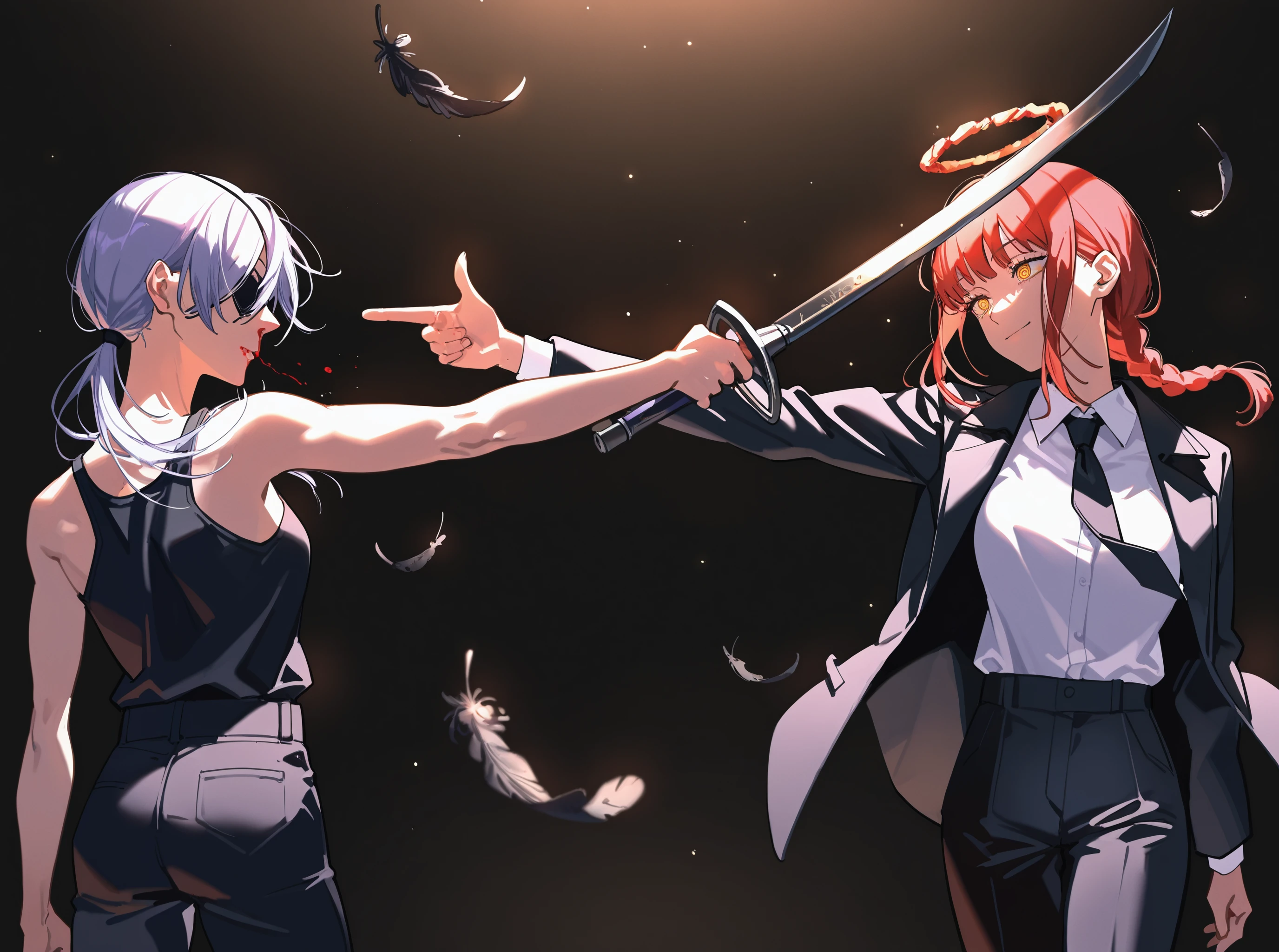 masterpiece, best quality, absurdres, safe
[2girls:1girl:0.3], mexican standoff, standing, from side,
(finger gun:1.2),
black tank top, black pants,
quanxi \(chainsaw man\), (eyepatch:1.2),
blood in mouth, [:nosebleed:0.3]
dark background, black background, simple background,
feathers, black feathers, light particles,
artist:yoneyama mai
BREAK
masterpiece, best quality, absurdres, safe
[2girls:1girl:0.3], mexican standoff, standing, head tilt, 
holding sword,
makima \(chainsaw man\),
suit, black jacket, white shirt, black pants,
smile, shadow,
dark background, black background, simple background,
feathers, black feathers, halo, light particles, floating hair,
artist:yoneyama mai
<lora:mexican_standoff_il_2_d16:1>