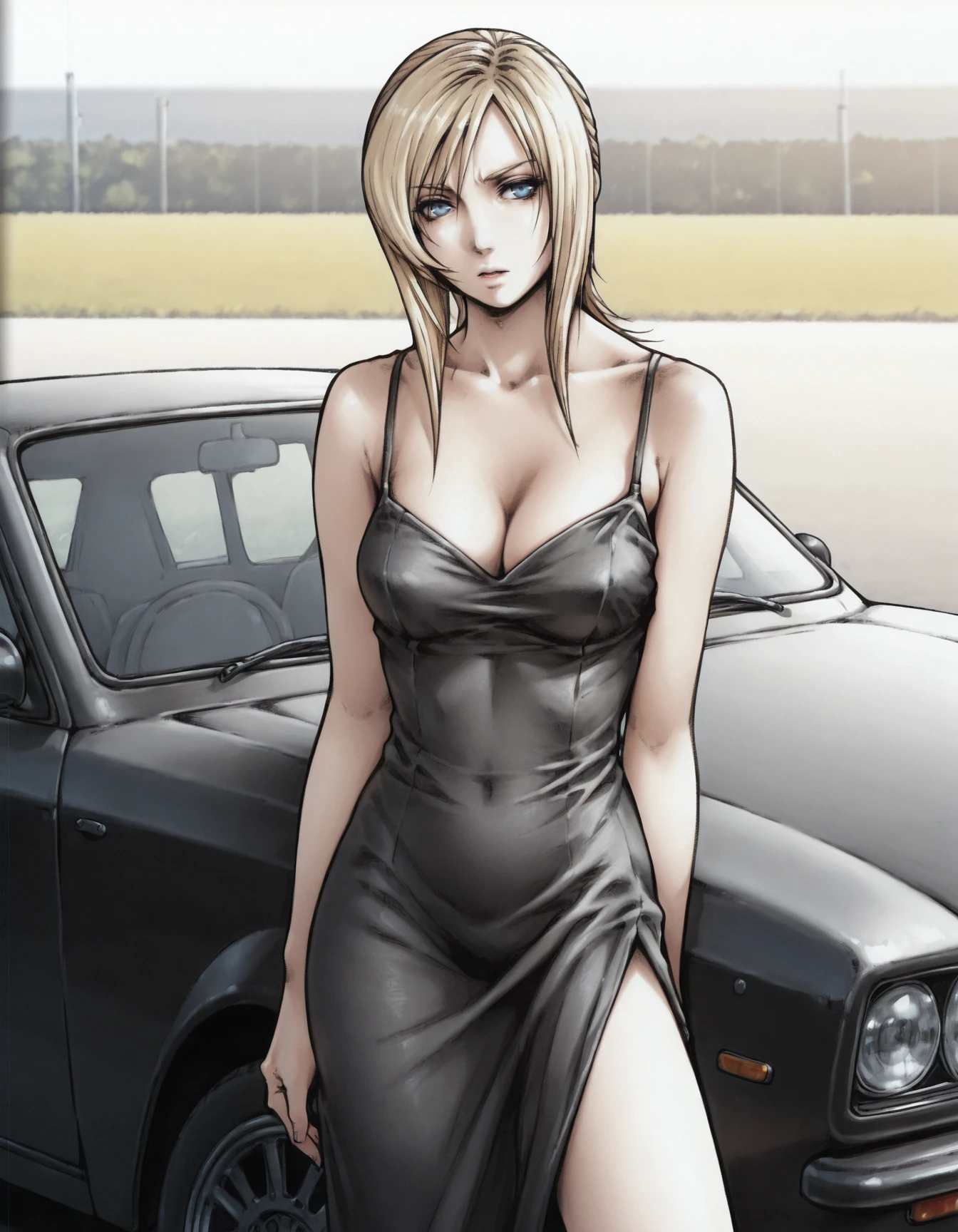<lora:aya-brea-illustrious-000007:1> aya brea, blue eyes, blonde hair, black dress, cleavage, side slit, car, vehicle focus, masterpiece, best quality