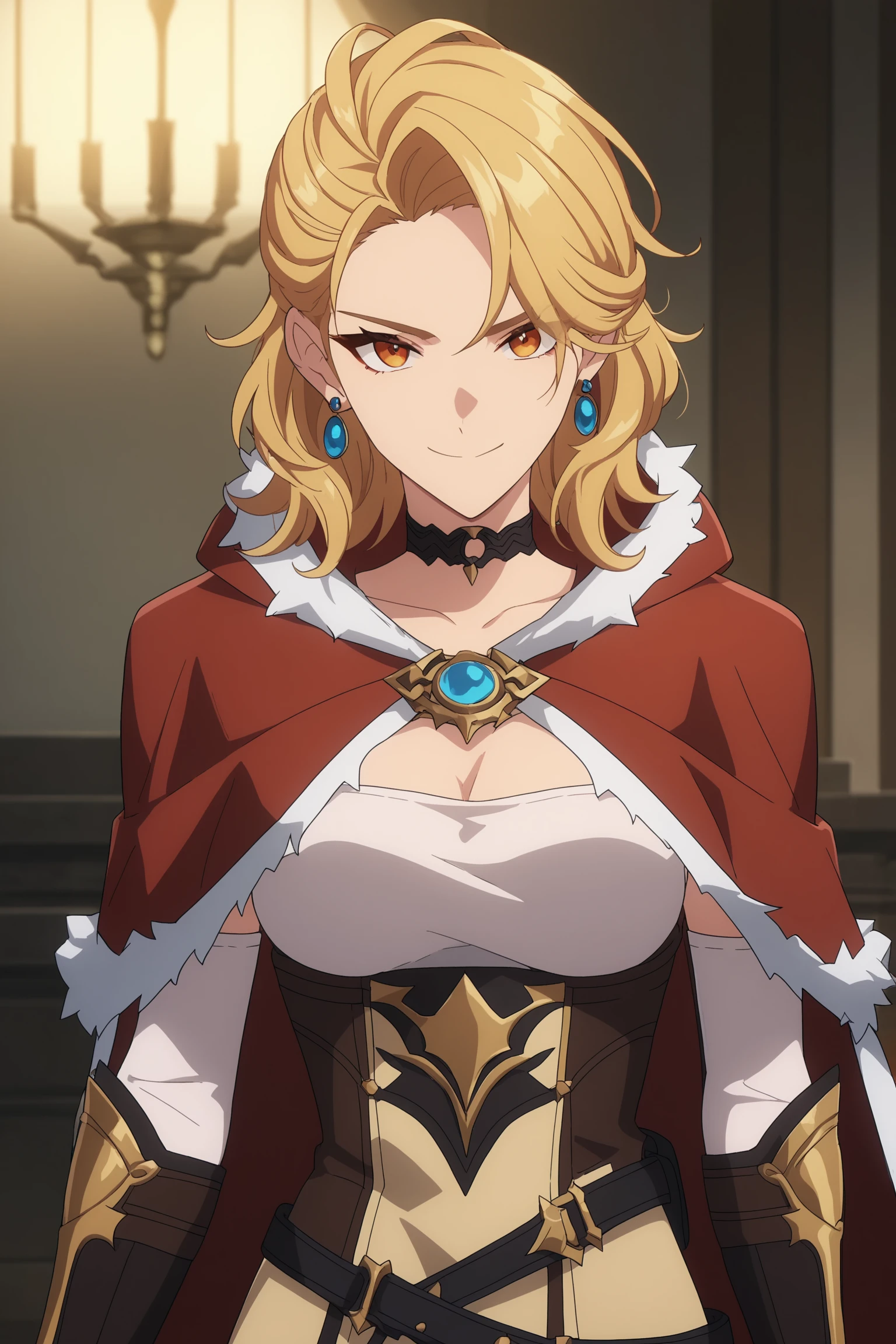 score_6_up, score_5_up, score_4_up, score_9, score_8_up, score_7_up, highly detailed, anime_source, anime_screencap, anime coloring, 1girl, solo, breasts, looking at viewer, smile, blonde hair, gloves, jewelry, earrings, choker, elbow gloves, hood, medium hair, cape, orange eyes, fur trim, black choker, red cape, gina_solo, <lora:RGV_gina_solo:0.9>, indoors, looking at viewer, smile, cowboy shot, portrait