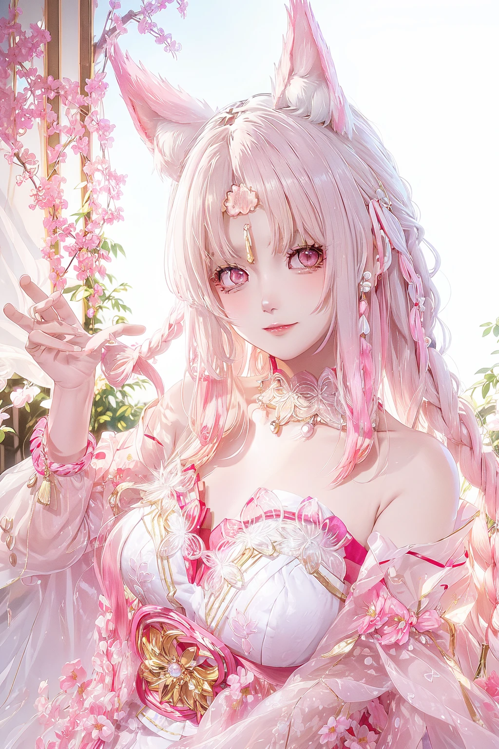 Kyoto Animation stylized anime ~ A Gorgeous flowing white hair, fox ears, stylish, pink eyes, fiery flowers background, beautiful, goddess, fantasy world. Cinematic Lighting, ethereal light, intricate details, extremely detailed, incredible details, full colored, complex details, insanely detailed and intricate, hypermaximalist, extremely detailed with rich colors. masterpiece, best quality, aerial view, HDR, UHD, unreal engine. plump looking at the camera, smooth thighs, (glittery jewelry) ((acrylic illustration, by artgerm, by kawacy, by John Singer Sargenti) dark Fantasy background, glittery jewelry, Representative, fair skin, beautiful face, Rich in details High quality, gorgeous, glamorous, 8k, super detail, gorgeous light and shadow, detailed decoration, detailed lines