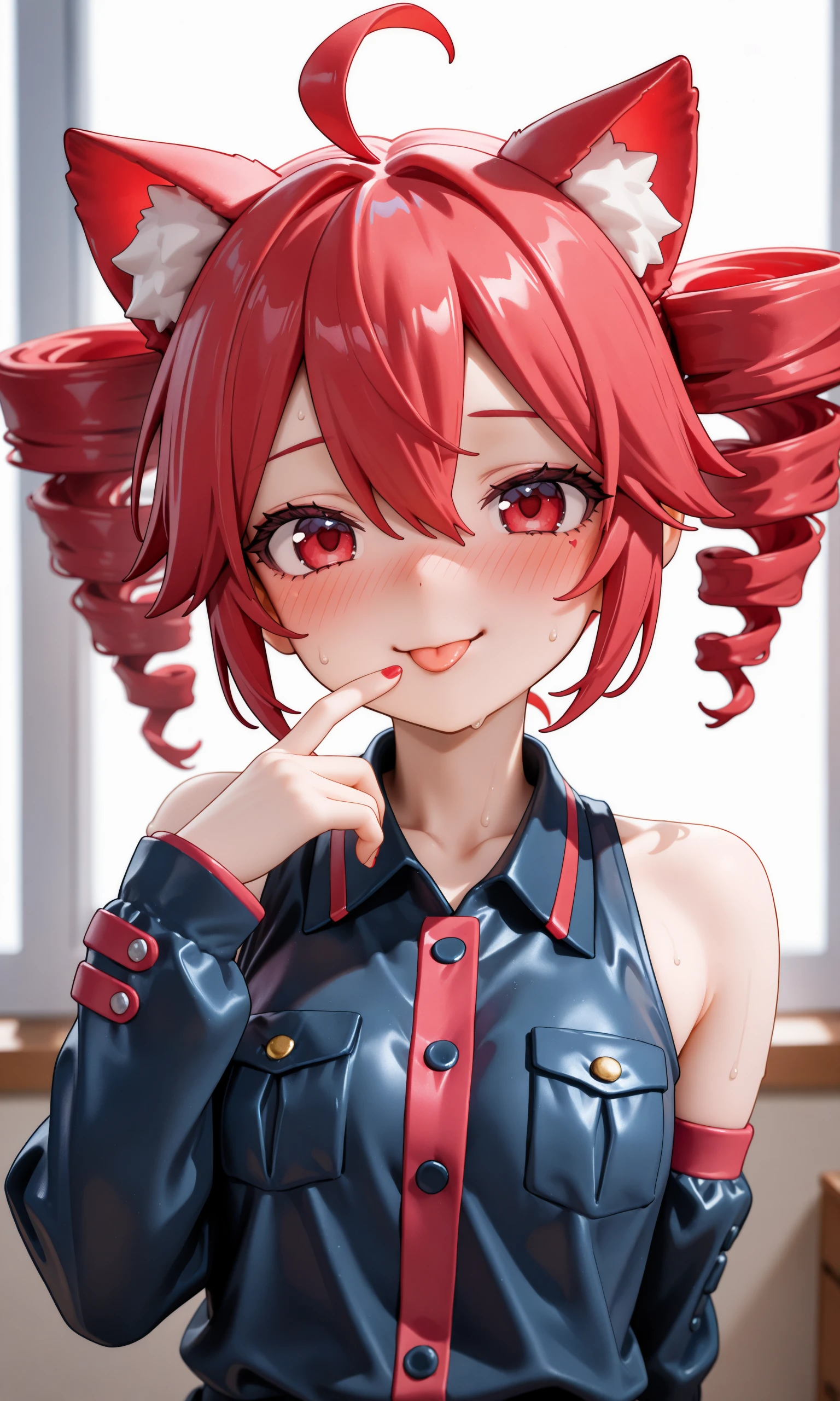 by galawave,kasane teto,1girl,solo,looking at viewer,blush,smile,short hair,shirt,long sleeves,red eyes,animal ears,hair between eyes,bare shoulders,collarbone,upper body,ahoge,heart,sweat,red hair,detached sleeves,sleeveless,collared shirt,tongue,indoors,hand up,cat ears,tongue out,animal ear fluff,black shirt,sleeveless shirt,window,buttons,nose blush,drill hair,twin drills,:p,finger to mouth,backlighting,, ,masterpiece, best quality, absurdres, newest, very aesthetic, amazing quality,highres,sensitive, highres, ultra detailed, best anatomy, HDR, 8K, high detail RAW color art, high contrast, large pupil,