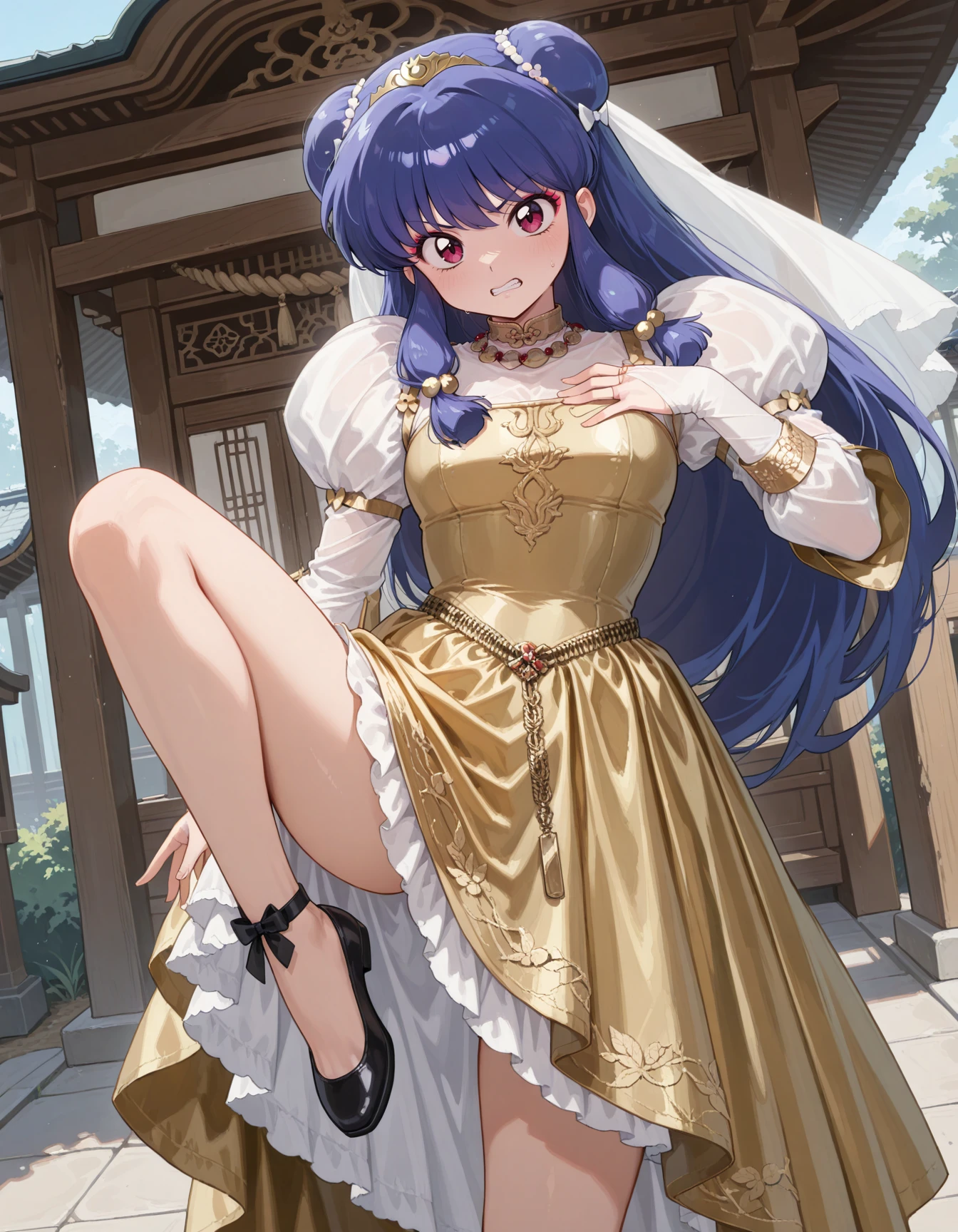 1girl, solo, shampoo \(ranma 1/2\), gold ballgown, minibun hair, black clothing, (gold diadem), dramatic eyeliner, armlets, petticoat, bridal gauntlets, gem, bridal veil, corset, shoulder straps, very long juliet sleeves, necklace, turtleneck, ornate clothing, (blue puffy sleeves), jewelry, belt accessory, belt chain, <lora:DamselElodieBridal-ILXL2025-02-04_00-26-47-save-600-24-0:0.8>, cowboy shot, looking at viewer, hand on chest, standing, high kick, full body, shrine, clenched teeth, masterpiece, best quality, very aesthetic, newest