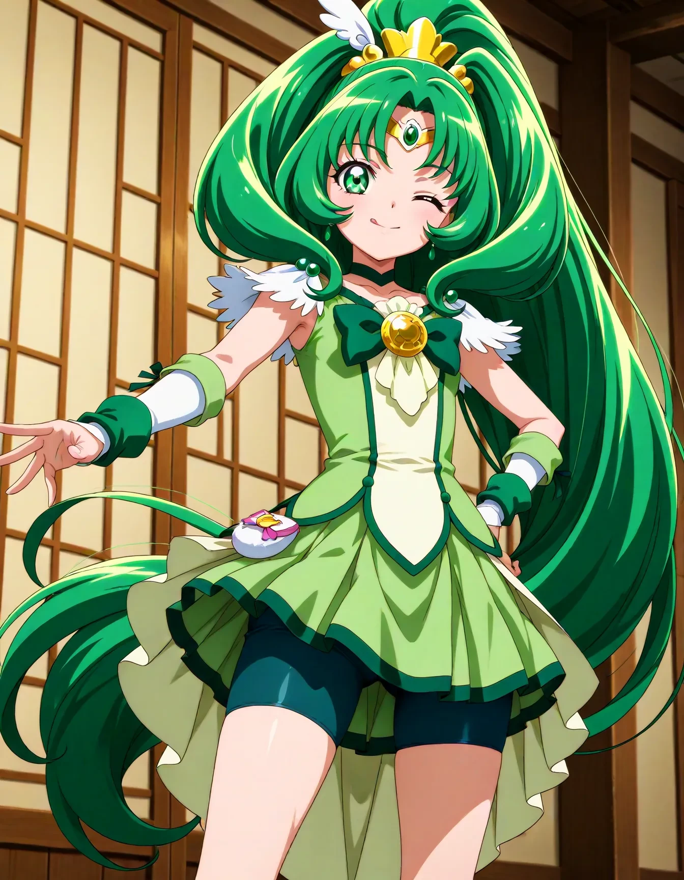 <lora:dmd2_sdxl_4step:1>,official style,masterpiece,best quality,newest,absurdres,highres,very awa,Anime,anime coloring,anime screencap,<lora:Cure_March_V1:1>,cure march,1girl,green eyes,high ponytail,tri tails,green hair,very long hair,hair ornament,wing ornament,jewerly,circlet,green choker,gold hairclip,green bow,green shorts,green skirt,bike shorts,shorts under skirt,green wrist cuffs,detached sleeves,smile,stylish_pose,tongue_out,one eye closed,