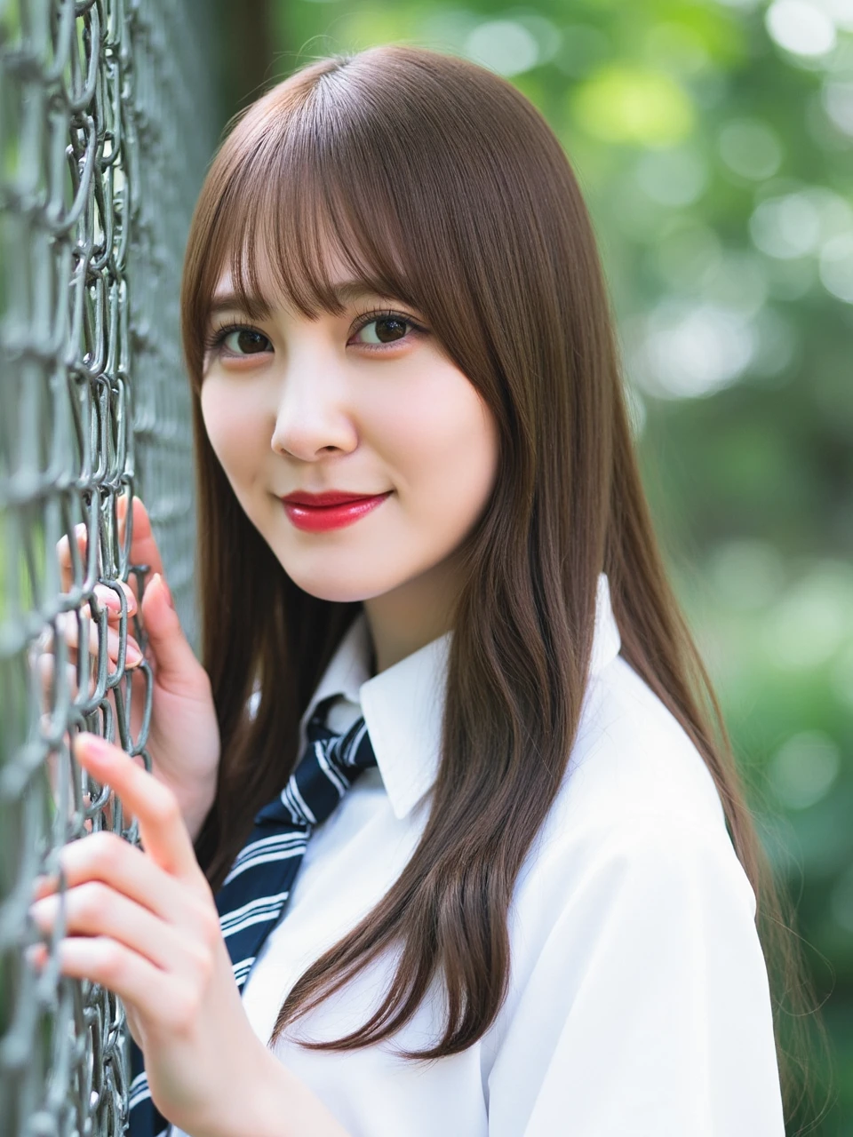 A soft-focus photograph of a young Japanese woman named katoshi with long, straight brown hair and fair skin. She wore light makeup, with light red lips. She has a slender build and is wearing a white school uniform with a navy blue striped tie. She looked at the camera with a slight smile on her face. Beside her was a chain-link fence, and she grabbed it with her right hand. The background is blurred, suggesting an outdoor setting with greenery. The image has a dreamy, ethereal quality with a shallow .