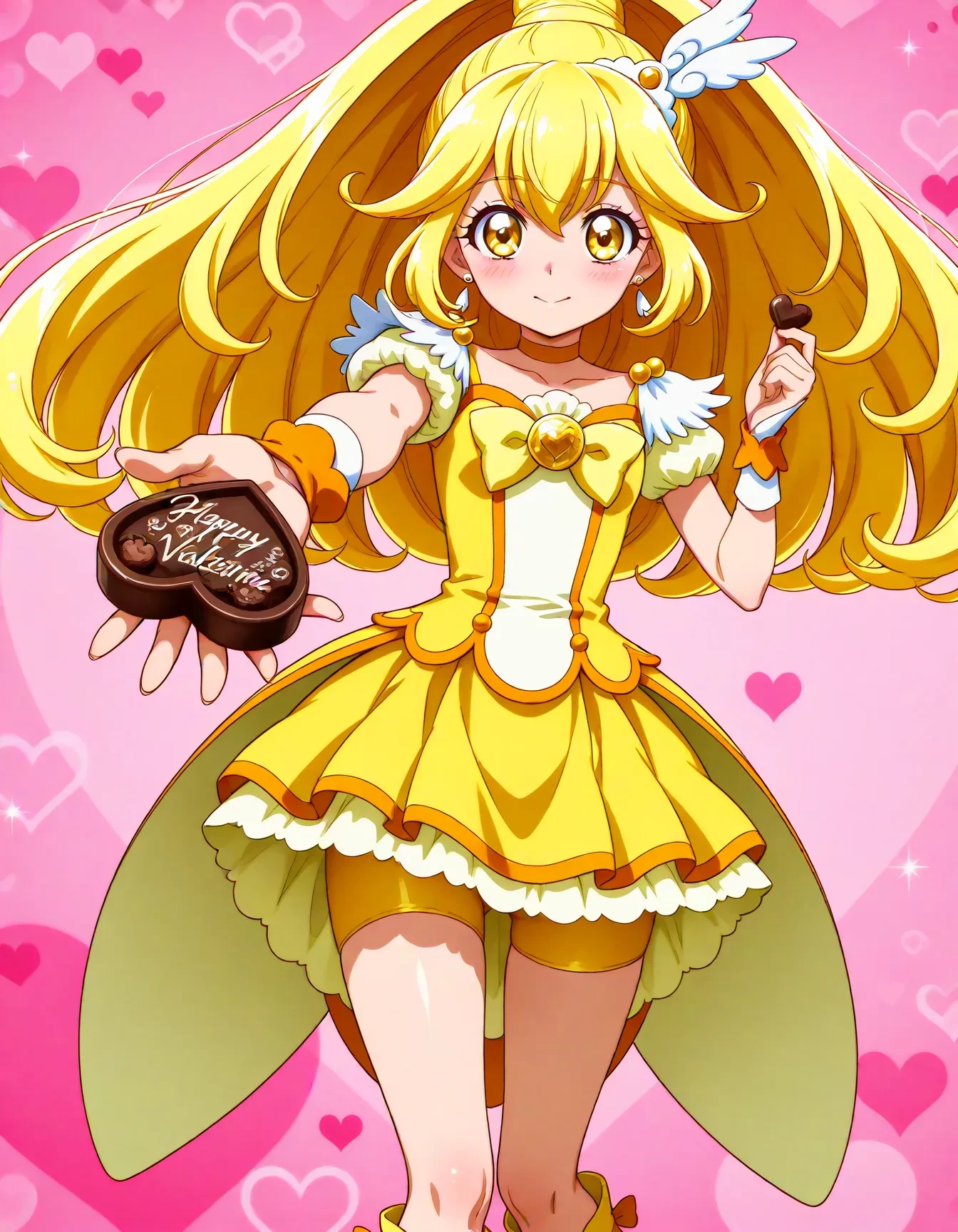 <lora:dmd2_sdxl_4step:1>,official style,masterpiece,best quality,newest,absurdres,highres,very awa,Anime,anime coloring,anime screencap,<lora:Cure_Peace_V1:1>,cure peace,1girl,yellow eyes,wide ponytail,hair flaps,hair between eyes,yellow hair,hair ornament,wing ornament,tiara,yellow choker,feather earrings,yellow bow,yellow shorts,yellow skirt,bike shorts,shorts under skirt,orange wrist cuffs,knee boots,depth_of_field,abstract_background,stylish_pose,heart_background,shy,blush,embarrass,happy_valentine,holding_chocolate,reaching,
