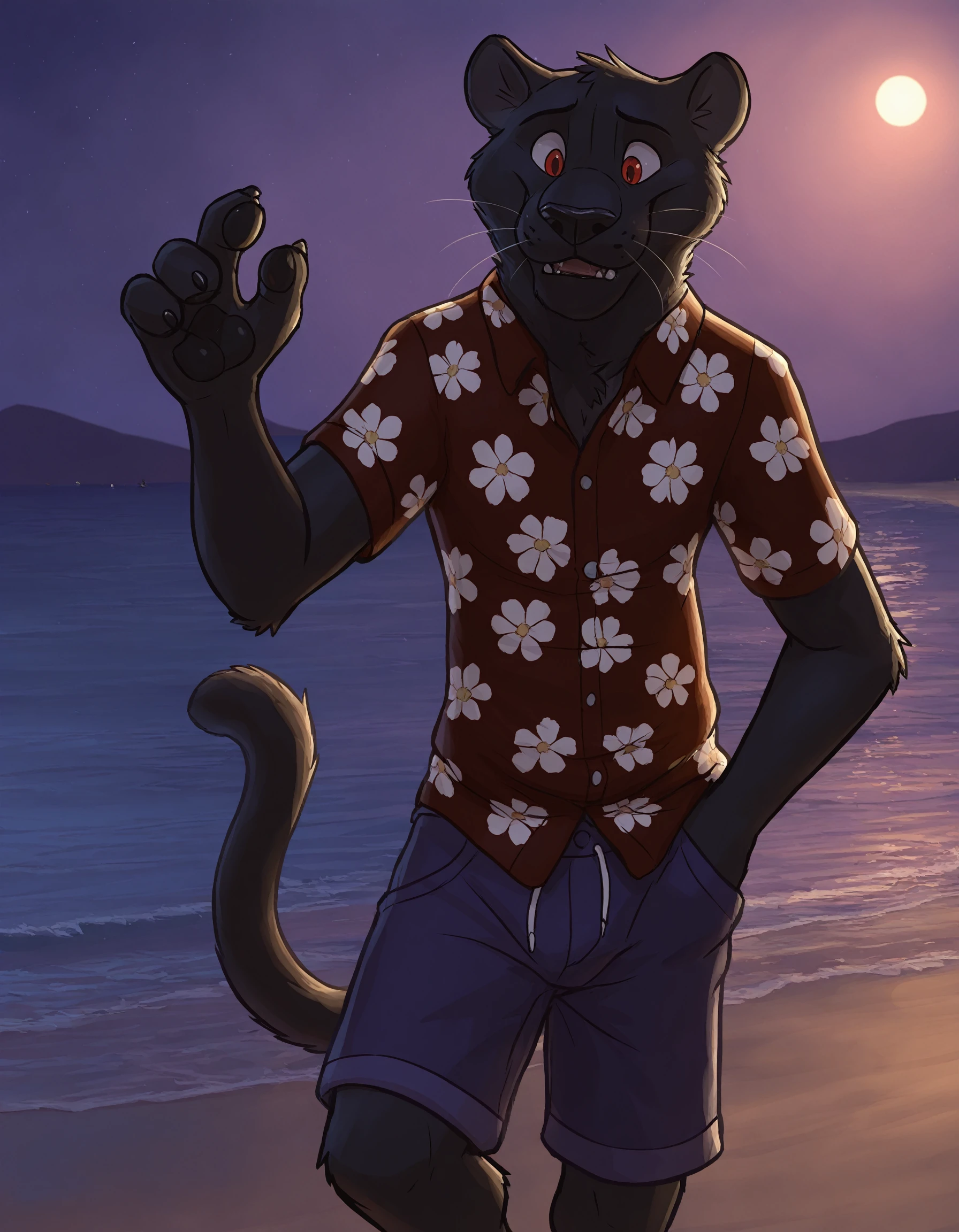 1boy, by paintfox. Male, anthro, panther, black body, red eyes, 4fingers, flower-pattern shirt, shorts, beach. BREAK night-time, low-light, good lighting, detailed background. <lora:Paintfox.safetensors:1.0>,