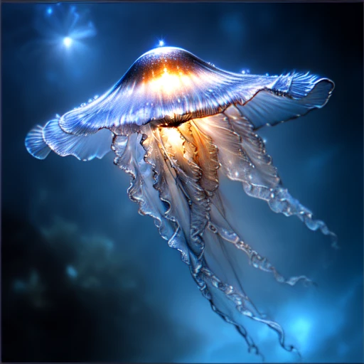 <lora:Ethereal_Gothic_EleganceSD1:1.2> Ethereal Gothic Elegance, The image is a close-up of a jellyfish floating in the ocean. The jellyfish has a long slender body with a round head and a long tail. Its body is covered in small translucent tentacles that are spread out in a star-like pattern. The tentacles are a pale blue color and appear to be floating in a dark foggy background. The overall mood of the image is mysterious and ethereal., jellyfish, no humans, solo, simple background, full body, glowing, light particles