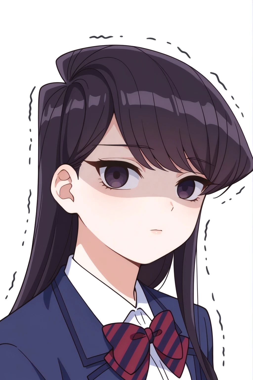 <lora:Shouko_Komi:0.8> Shouko Komi, rating safe, long hair, looking at viewer, simple background, shirt, black hair, white background, bow, closed mouth, jacket, school uniform, upper body, solo focus, bowtie, blue jacket, trembling, shaded face, empty eyes, striped bow