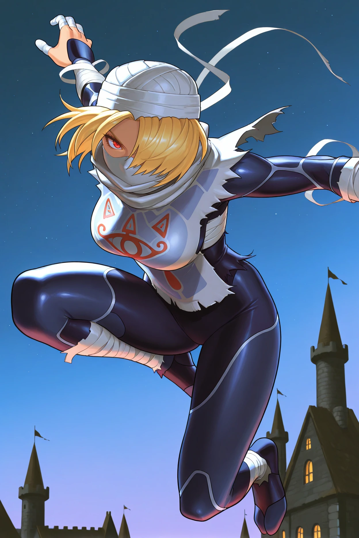 masterpiece, best quality, 1girl, solo, <lora:sheik-illu-nvwls-v1-000006:1> ootshk, blonde hair, hair over one eye, red eyes, turban, white mask, ninja mask, bandages, bandaged arms, tabard, dark blue bodysuit, large breasts, midair, jumping, dynamic pose, serious, night sky, medieval, castle, falling
