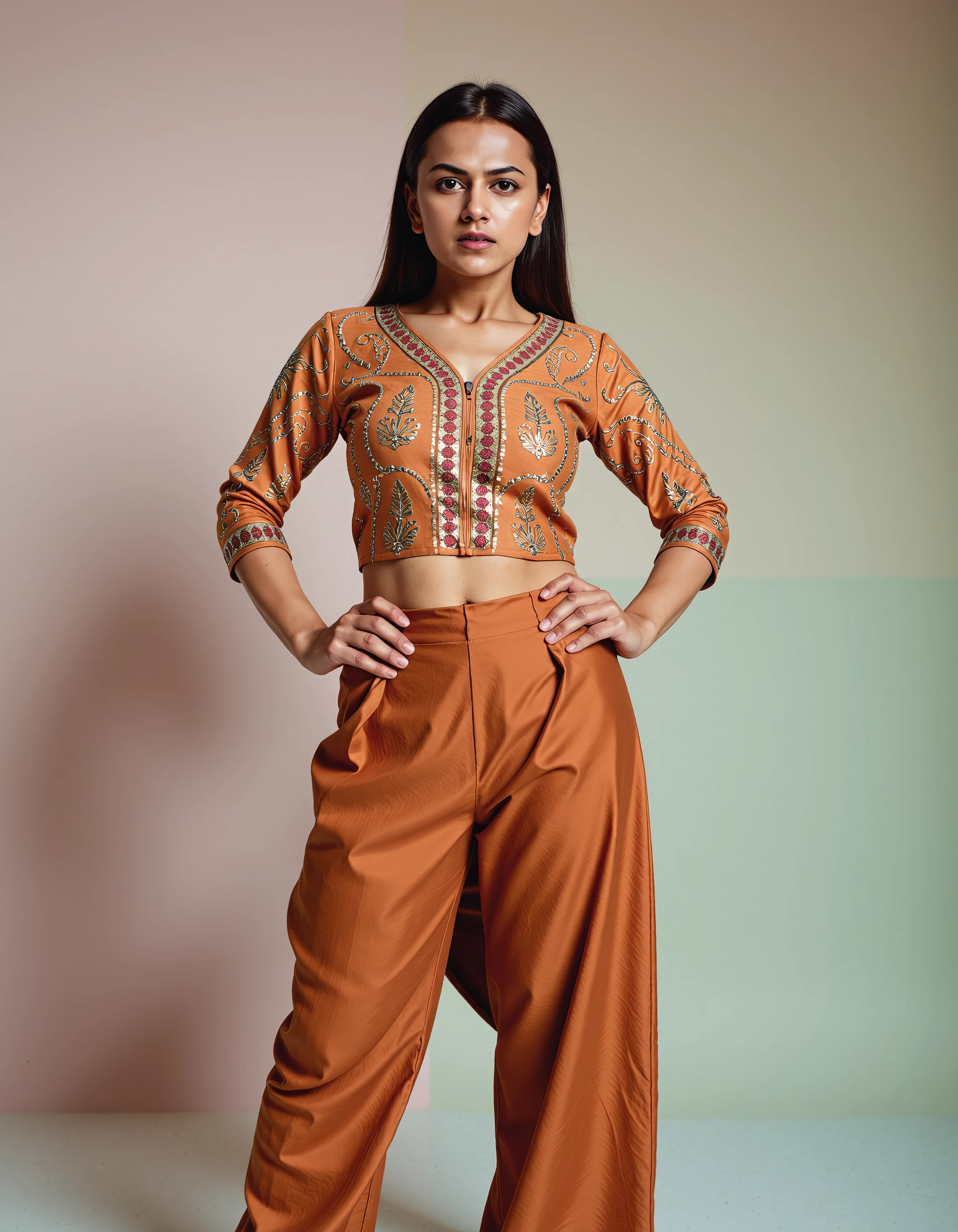 cowboy shot photo of Shraddha Srinath woman, thin waist with hourglass figure, hyper realistic candid photo, angry,studio quality, wearing intricate conservative long sleeved Cinnamon Pants_kurta, straight hair, pastel shaded multicolored background, cinematic lighting, <lora:Shraddha_Srinath_Flux_Kohya_V1:1>âââ
