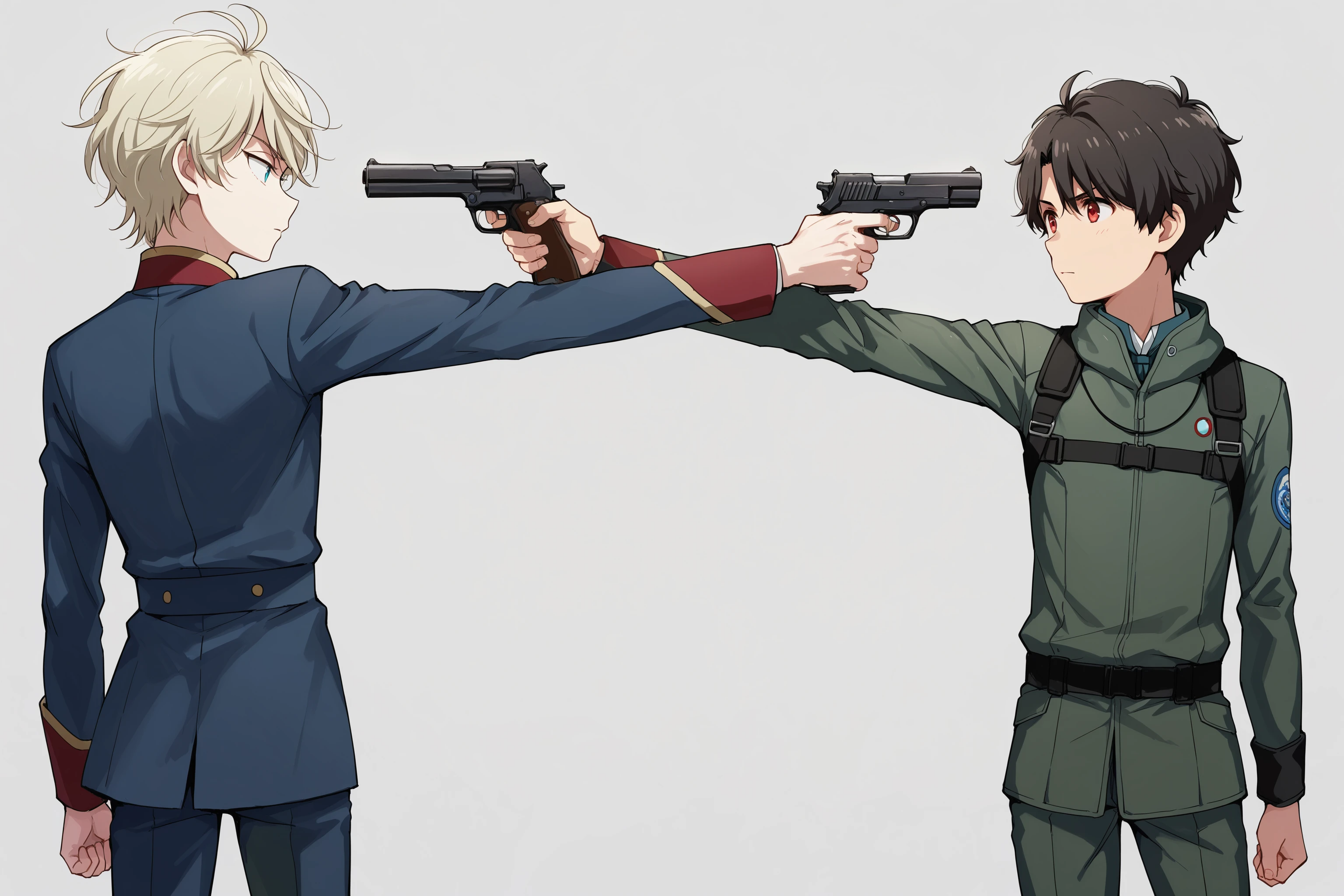 masterpiece, best quality, absurdres, safe
2boys, slaine troyard, white hair, blonde hair,
mexican standoff, holding gun,
simple background
BREAK
masterpiece, best quality, absurdres, safe
2boys, kaizuka inaho, black hair, short hair, red eyes,
mexican standoff, holding gun,
military uniform, male focus,
simple background
<lora:mexican_standoff_il_2_d16:1>