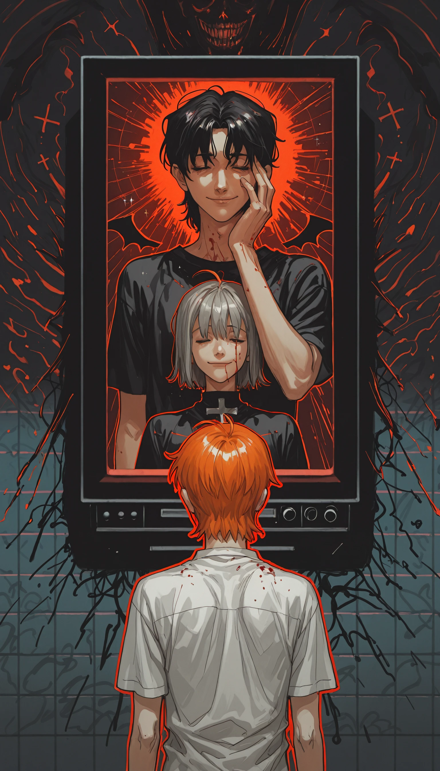 (JJ-Illu, sketch, splash_page, abstract_background, abstract_colors, guide_lines, bad_quality, outline, traditional_media, horror_\(theme\))
smile, short_hair, bangs, black_hair, shirt, closed_mouth, closed_eyes, upper_body, tile_wall, red_theme, floor_tiles, vaporwave, short_sleeves, male_focus, wings, multiple_boys, grey_hair, orange_hair, from_behind, sparkle, blood, 2boys, cross, fate/stay_night, hand_on_own_face, dark_aura, hair_over_eyes, bat, television