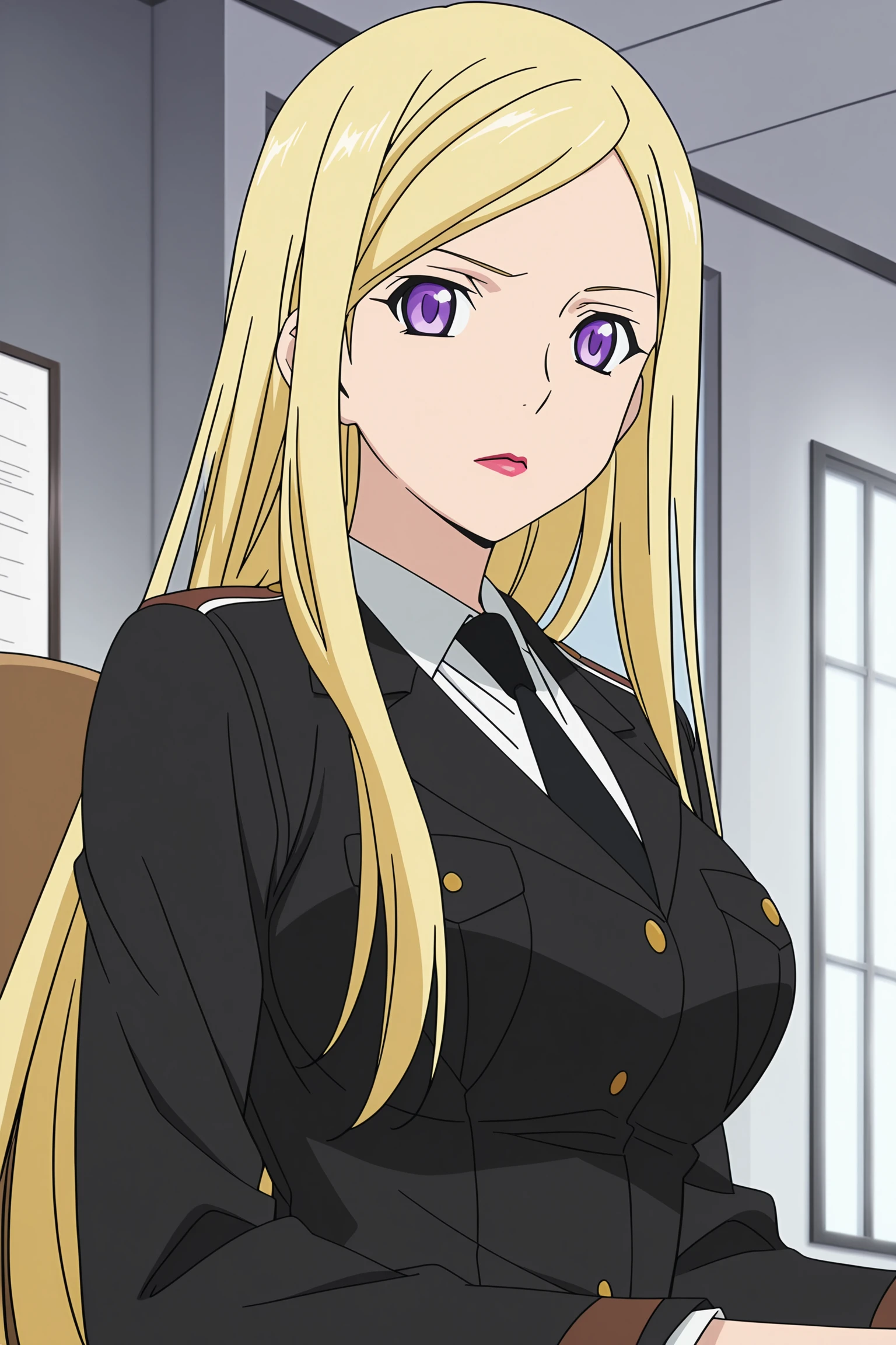 anime screencap,anime coloring, 
inside an office, sitting at a desk,
 <lora:Bishamonten_Noragami_-_Illustrious:.9>1girl, solo, blonde hair, long hair, purple eyes, , lipstick, cowboyshot
military uniform, black necktie, looking at the viewer