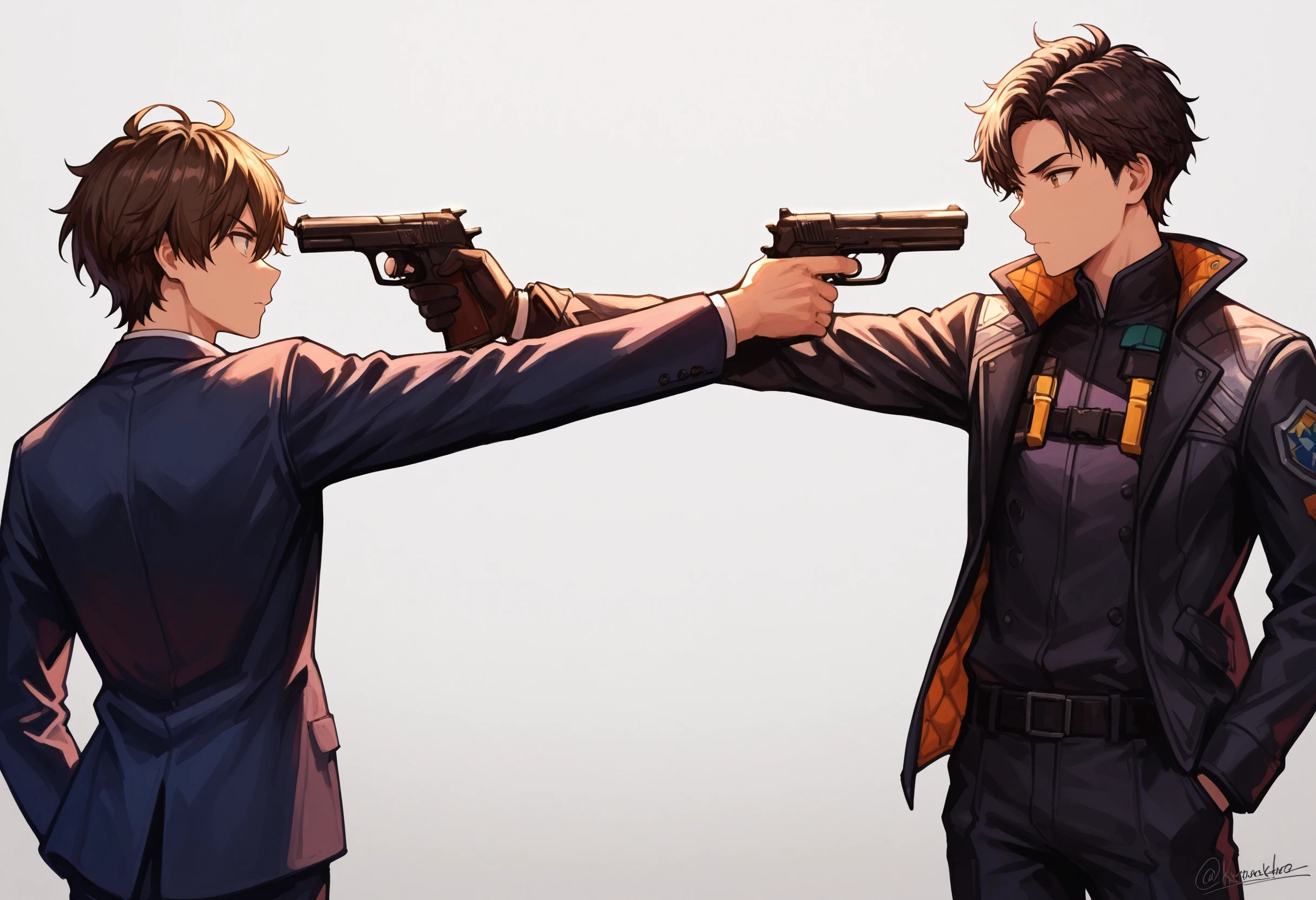 masterpiece, best quality, absurdres, safe
2boys, male focus, mexican standoff, holding gun
<lora:mexican_standoff_il_2_d16:1>