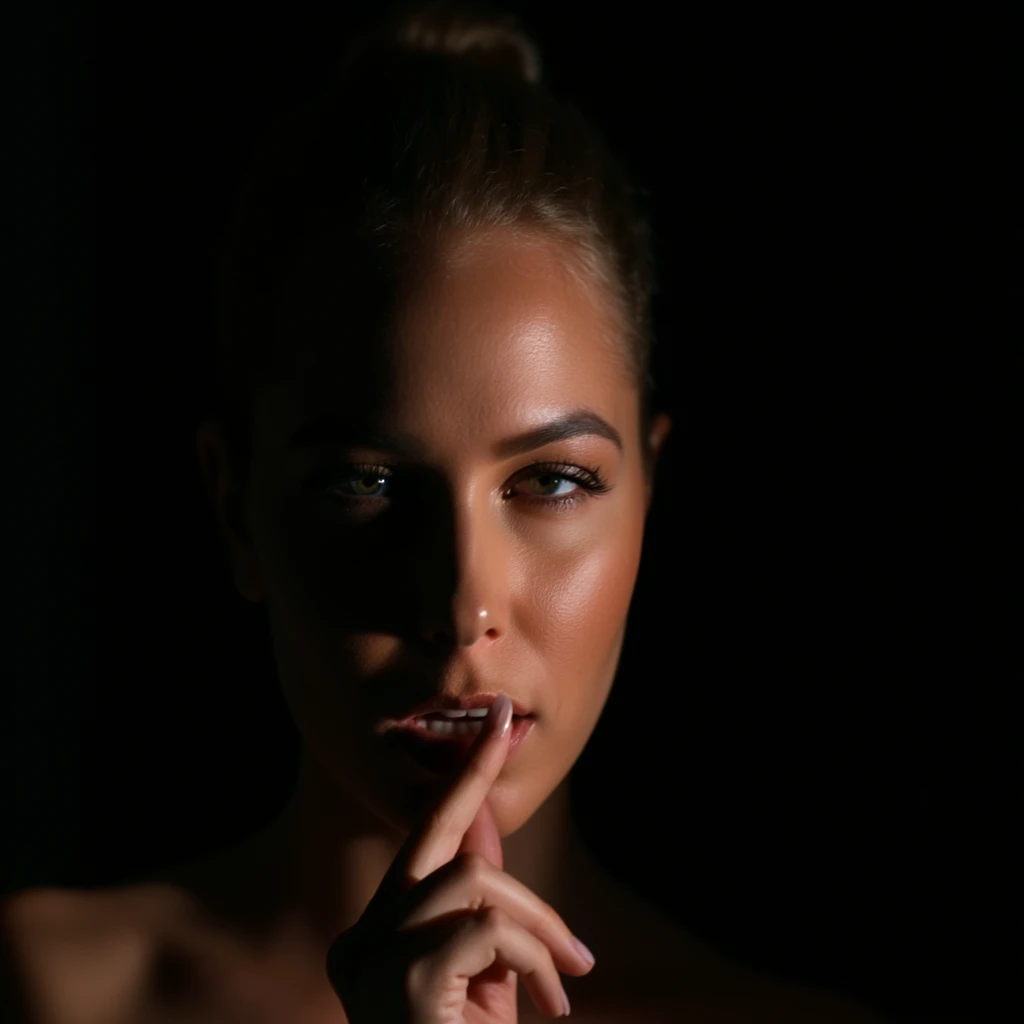 cinematic film still of <lora:partially covered in shadow split light style v1:0.9>
partially covered in shadow a woman with her finger on her lips, shallow depth of field, vignette, highly detailed, high budget, bokeh, cinemascope, moody, epic, gorgeous, film grain, grainy