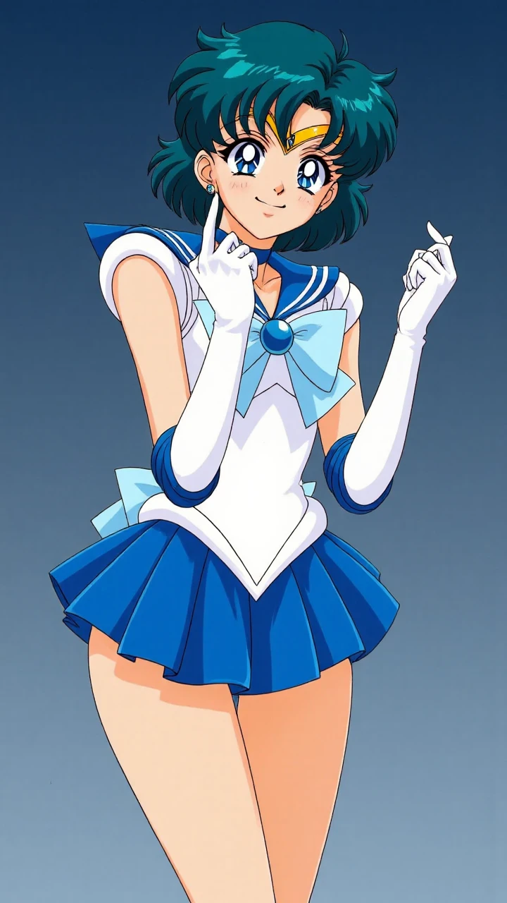 M3rcury, Sailor Mercury from Sailor Moon, Short blue hair, wearing her signature schoolgirl uniform with a short blue skirt, showing the middle finger to the camera, this image is a full body portrait