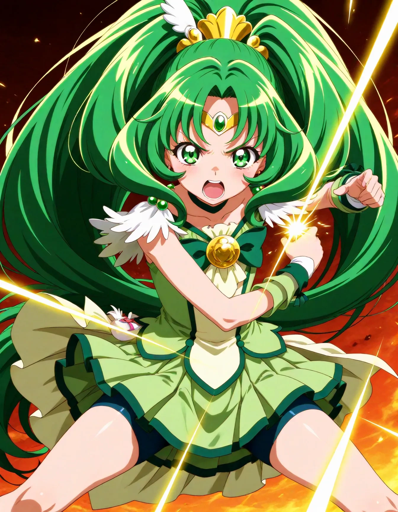 <lora:dmd2_sdxl_4step:1>,official style,masterpiece,best quality,newest,absurdres,highres,very awa,Anime,anime coloring,anime screencap,<lora:Cure_March_V1:1>,cure march,1girl,green eyes,high ponytail,tri tails,green hair,very long hair,hair ornament,wing ornament,jewerly,circlet,green choker,gold hairclip,green bow,green shorts,green skirt,bike shorts,shorts under skirt,green wrist cuffs,detached sleeves,angry,abstract_background,fighting_stance,beam from hand,open mouth,