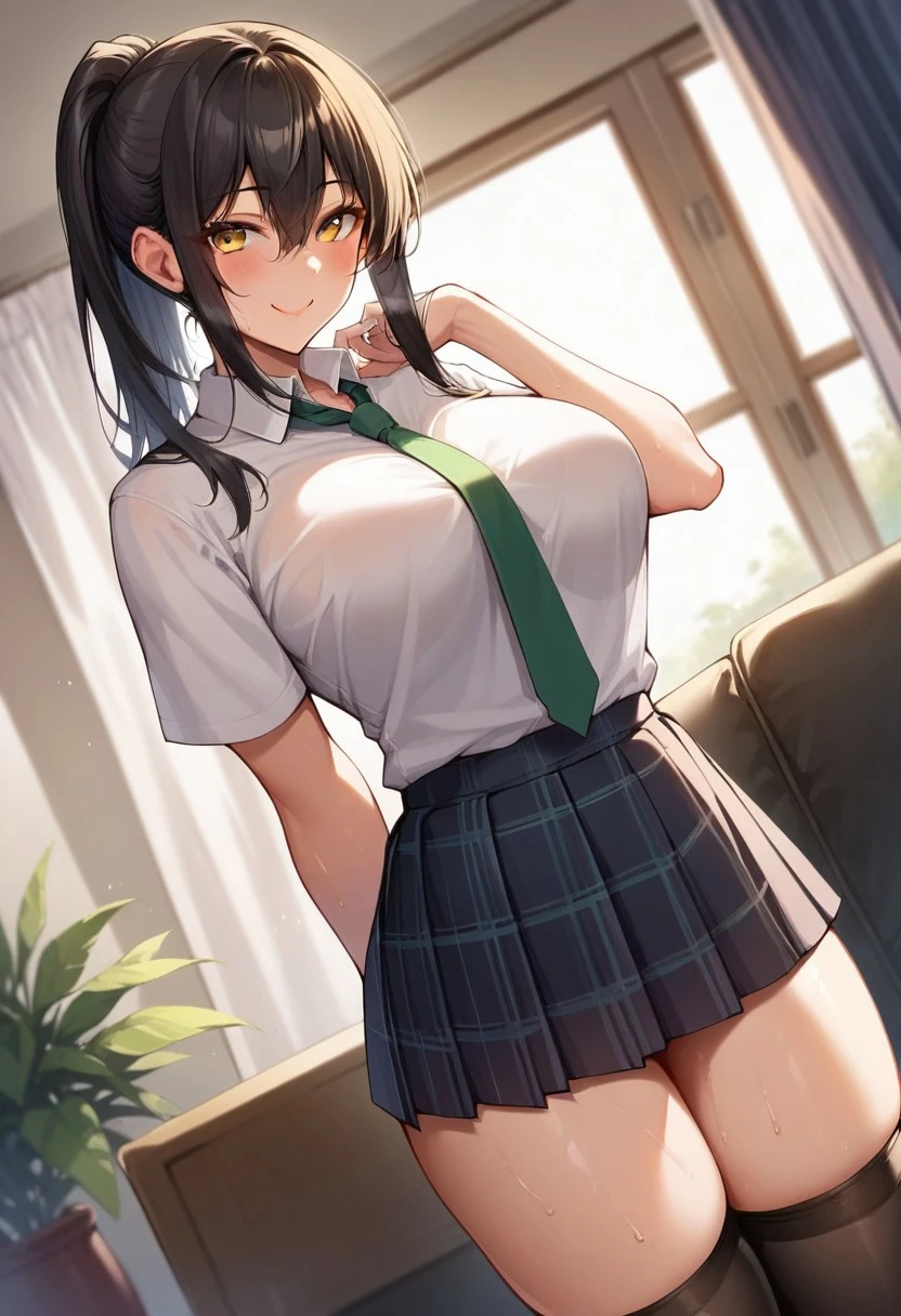 score_9,score_8_up,score_7_up,score_6_up,blurry, blurry background,1girl,breasts,black hair,skirt,solo,necktie,ponytail,yellow eyes,blush,plaid skirt,black socks, smile,long hair,looking at viewer,sweat,bangs,large breasts,socks,shirt green necktie,hair between eyes,school uniform,sexy thighs,posing,volumetric light,indoors,living room,cowboy shot, dutch angle
