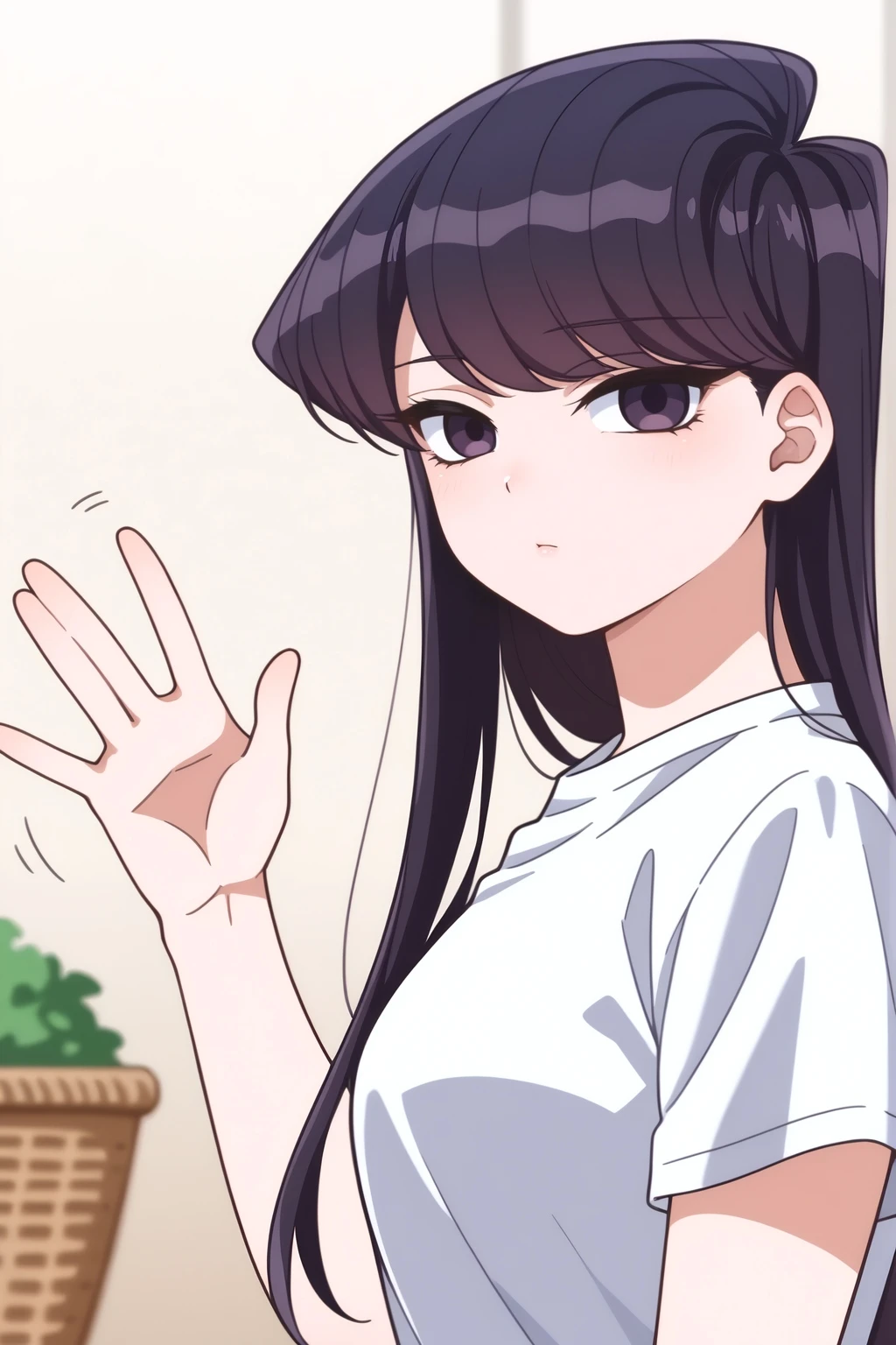 <lora:Shouko_Komi:0.8> Shouko Komi, rating safe, solo, long hair, looking at viewer, shirt, black hair, closed mouth, white shirt, upper body, purple hair, short sleeves, indoors, hand up, blurry, blurry background, expressionless, waving, basket